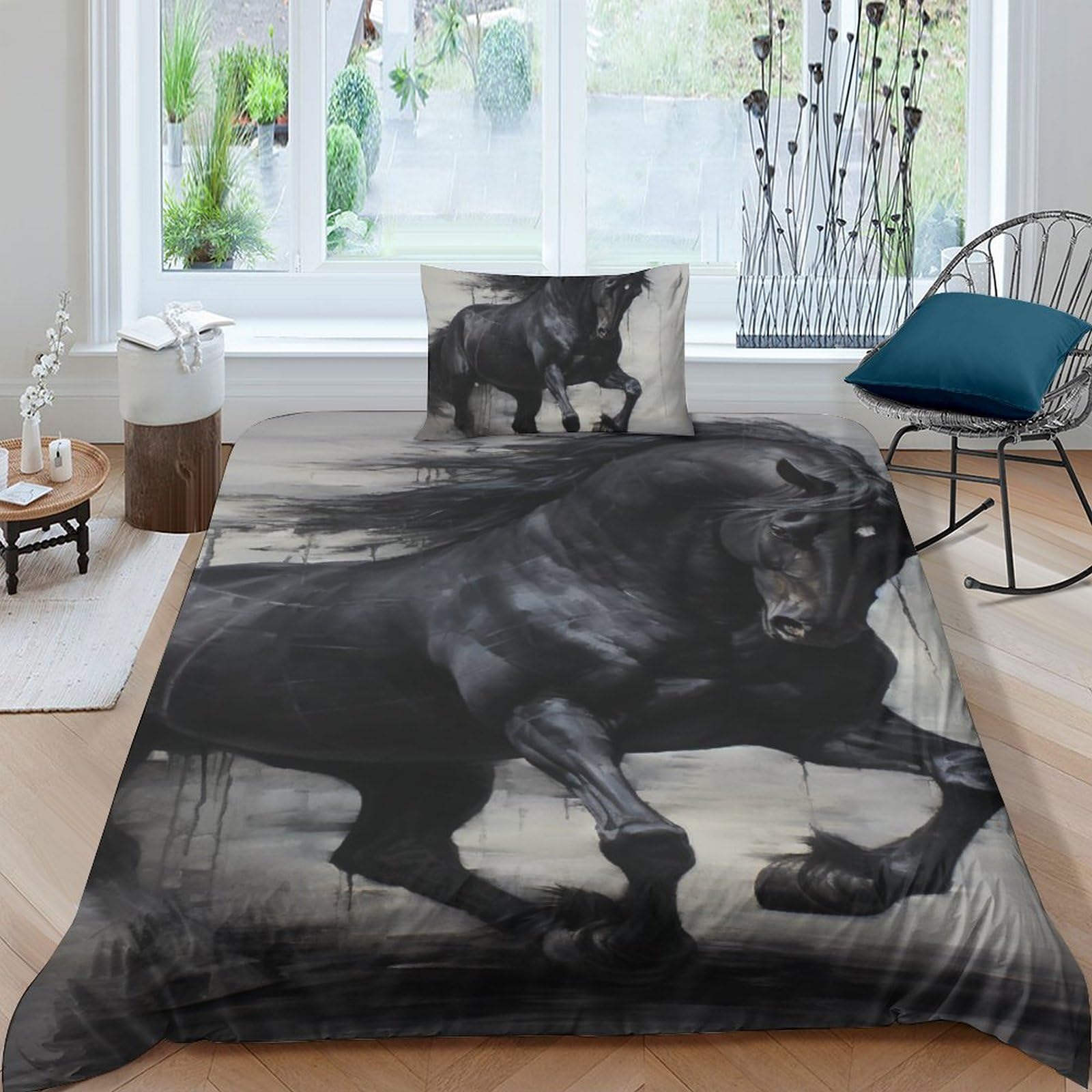 Housse de couette cheval noir 3D avec taie d'oreiller hypoallergénique pour lit enfant et adulte