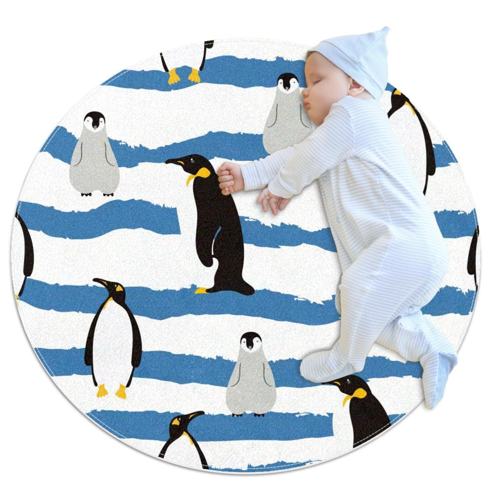 Tapis de salle de bain rond 1m pingouin bleu | Déco enfant
