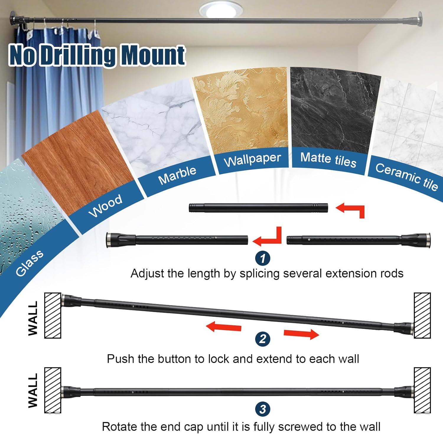Heavy Duty Shower Curtain Rod - 42 to 100 inch Adjustable,3-in-1 Installation (No Drilling,Adhesive Or Screw In Mount),Non-Slip Rustproof Tension Rod for Window,Room Divider,Doorway,Patio,Black