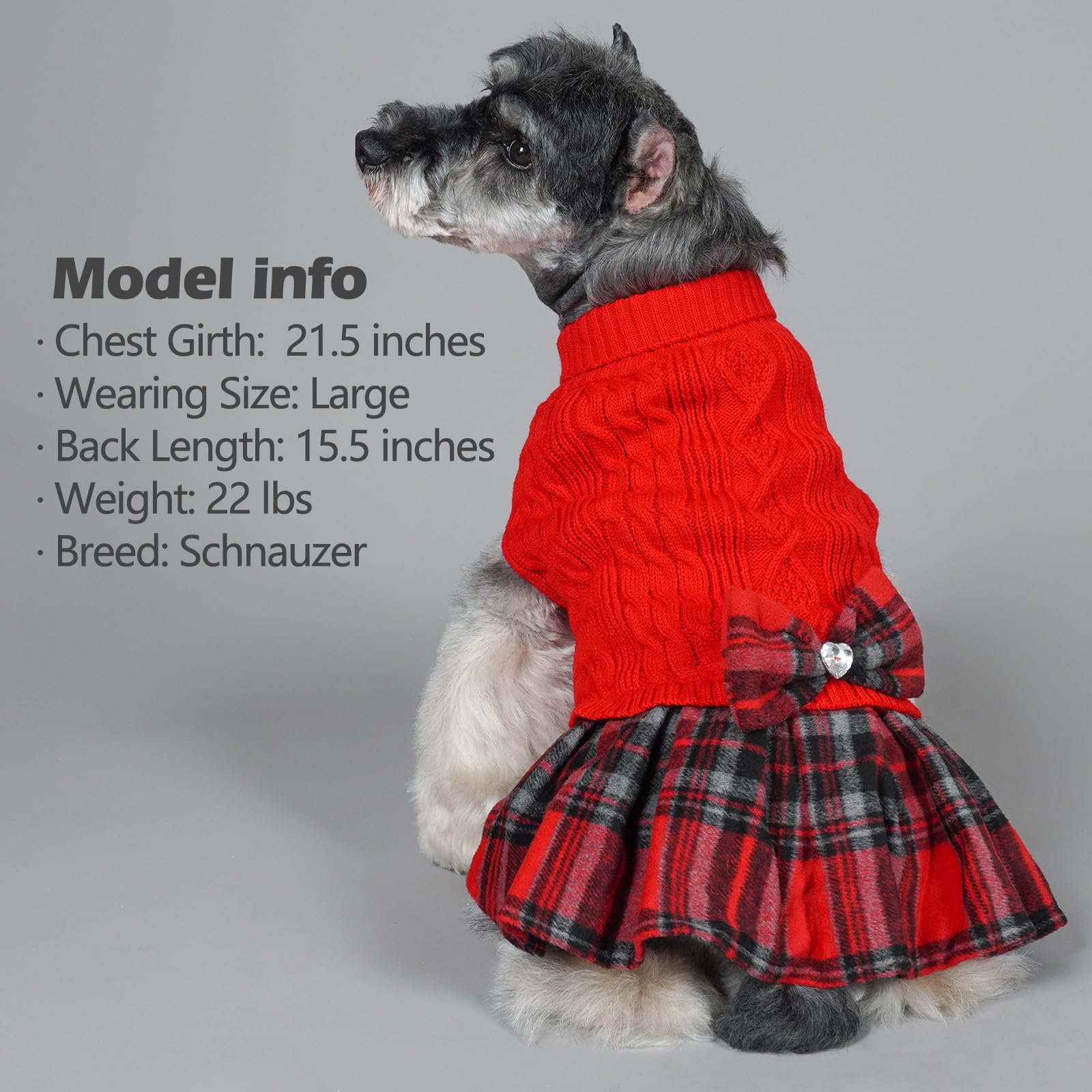 KYEESE Hundepullover Kleid mit Fliege Kariert Rollkragen Hunde Pullover für kleine Hunde Warm Pet Sweater Strickwaren Rot