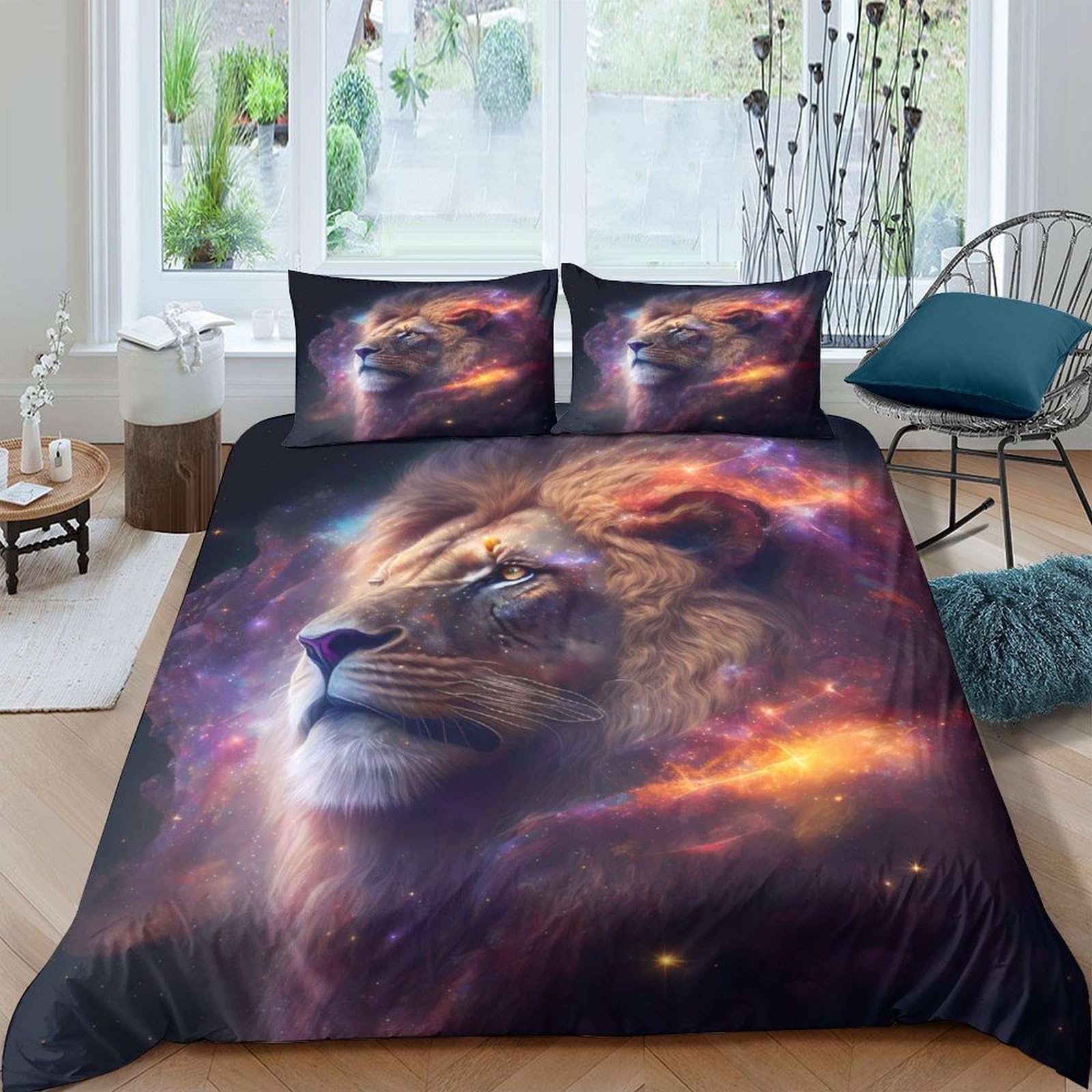 Ctjqhvkz Style-9 3D Printed Lion Galaxy Fitted Sheet Microfiber Soft Breathable Cosmic Nebula Mattress Cover Bedroom Decor Single（135X200cm）