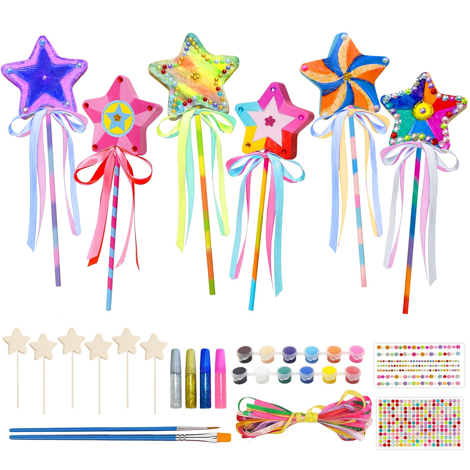 12 Stück DIY Zauberstäbe für Kinder Prinzessin Zauberstab Basteln Zauberstab Bastelset Kindergeburtstag Holz Stern Zauberstäbe Zauberstab Set für Mädchen Fee Prinzessin Zauberstab mit DIY-Werkzeuge