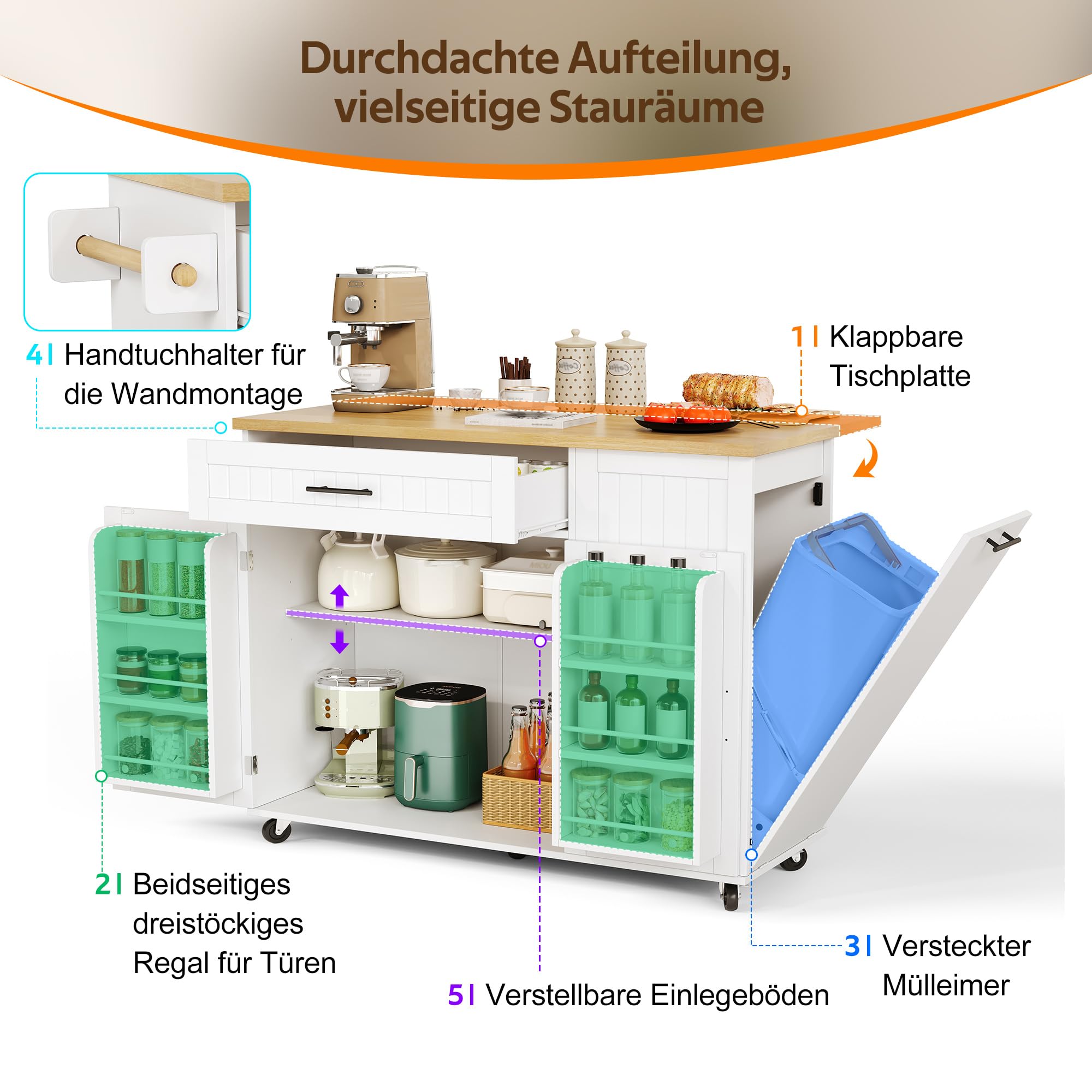 Kücheninsel mit Klappbare Arbeitsplatte(45–70 cm), Hochglanz Küchenschrank mit Mülleimerschrank und Ablage über der Tür, Küchenkommode mit Feststellbare Rollen, für Esszimmer/Küchen