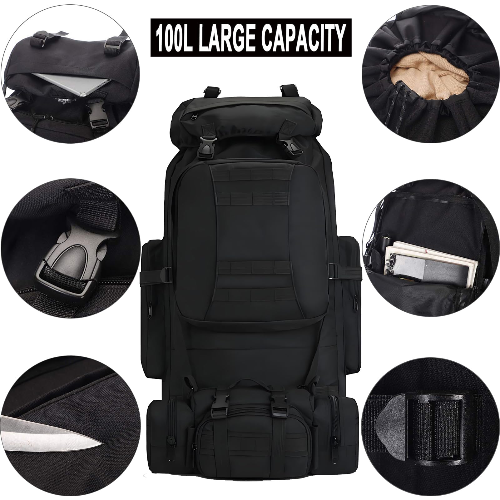 Al aire libre Mochila de senderismo de 100 l Mochila Táctica Militar Camuflaje Molle Mochilas de Marcha Ligero Impermeable Gran capacidad Bolso de Viaje para Senderismo Acampada, Montañismo, Caza