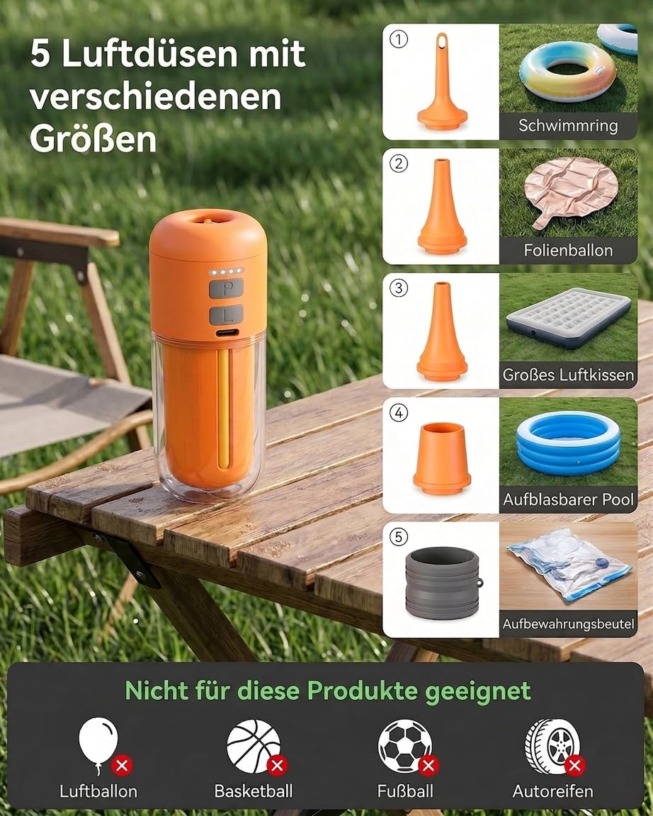 Elektrische Luftpumpe Akku, 4000 Pa Mini Luftpumpe 430 L/min, Tragbare Air Pump mit 5 Düsen & LED-Licht, 2-in-1 Aufblasen & Entleeren, für Camping, Luftmatratze, Schwimmring, Vakuumbeutel