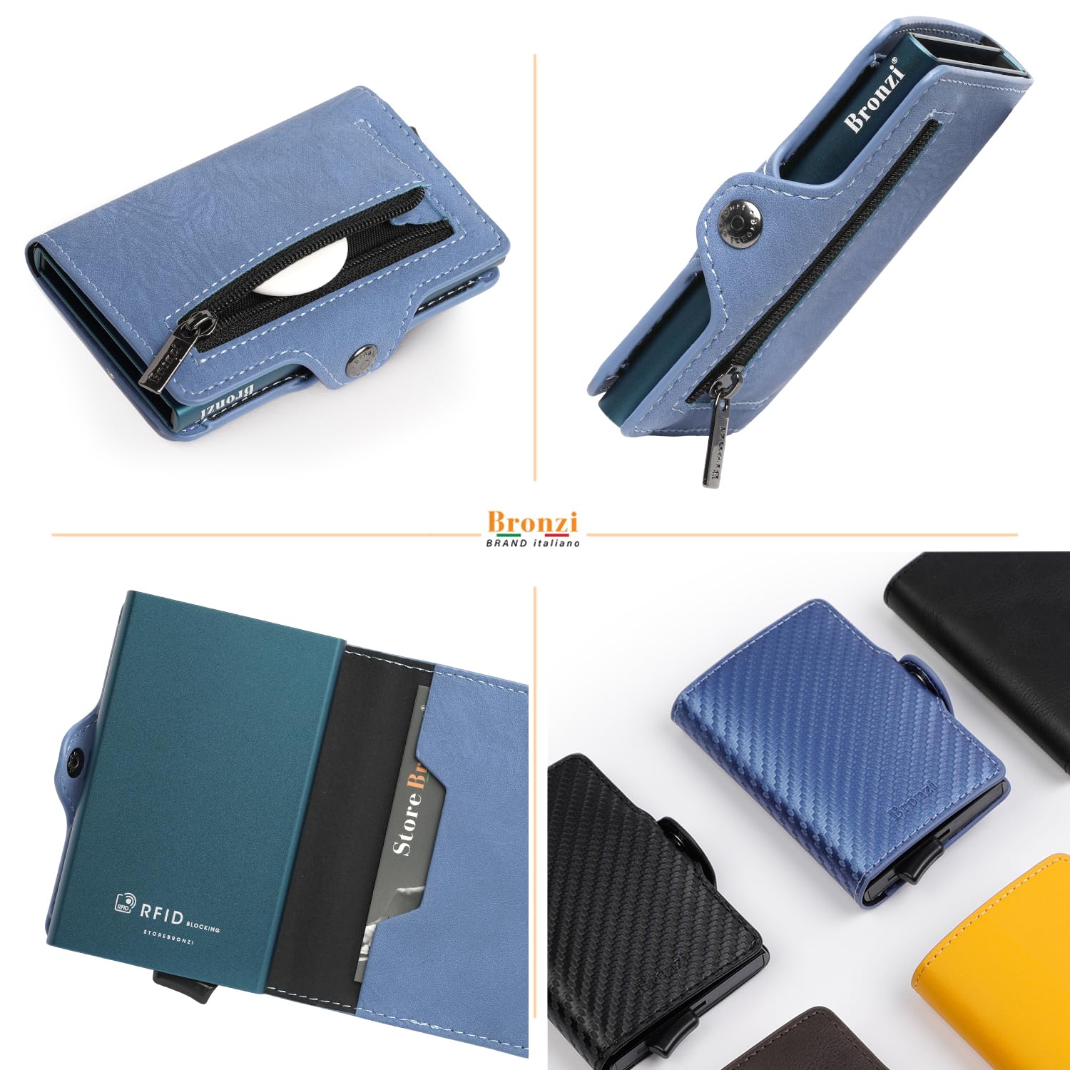 Bronzi Portafoglio Porta Carte Credito - Portafoglio Uomo Slim Portacarte uomo - Mini Porta Tessere - Protezione RFID Portatessere - Design Smart Pelle Blu