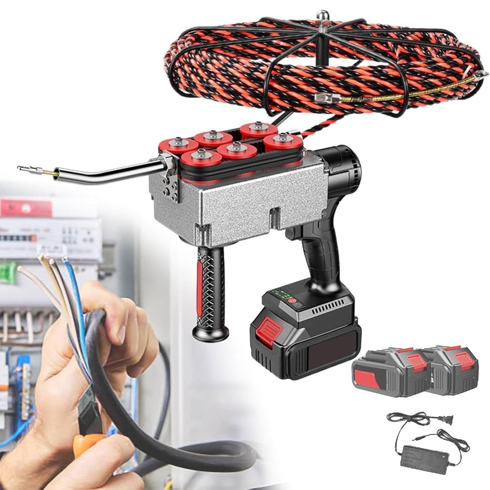 Pnpaea Electric Cable Wire Threader,Automatic Cable Threading Tool,Stepless Speed,Threading Machine,One-Button Operation,for Construction and Hydropower Projects 30MeterLeadWire-2batteris(10cells)
