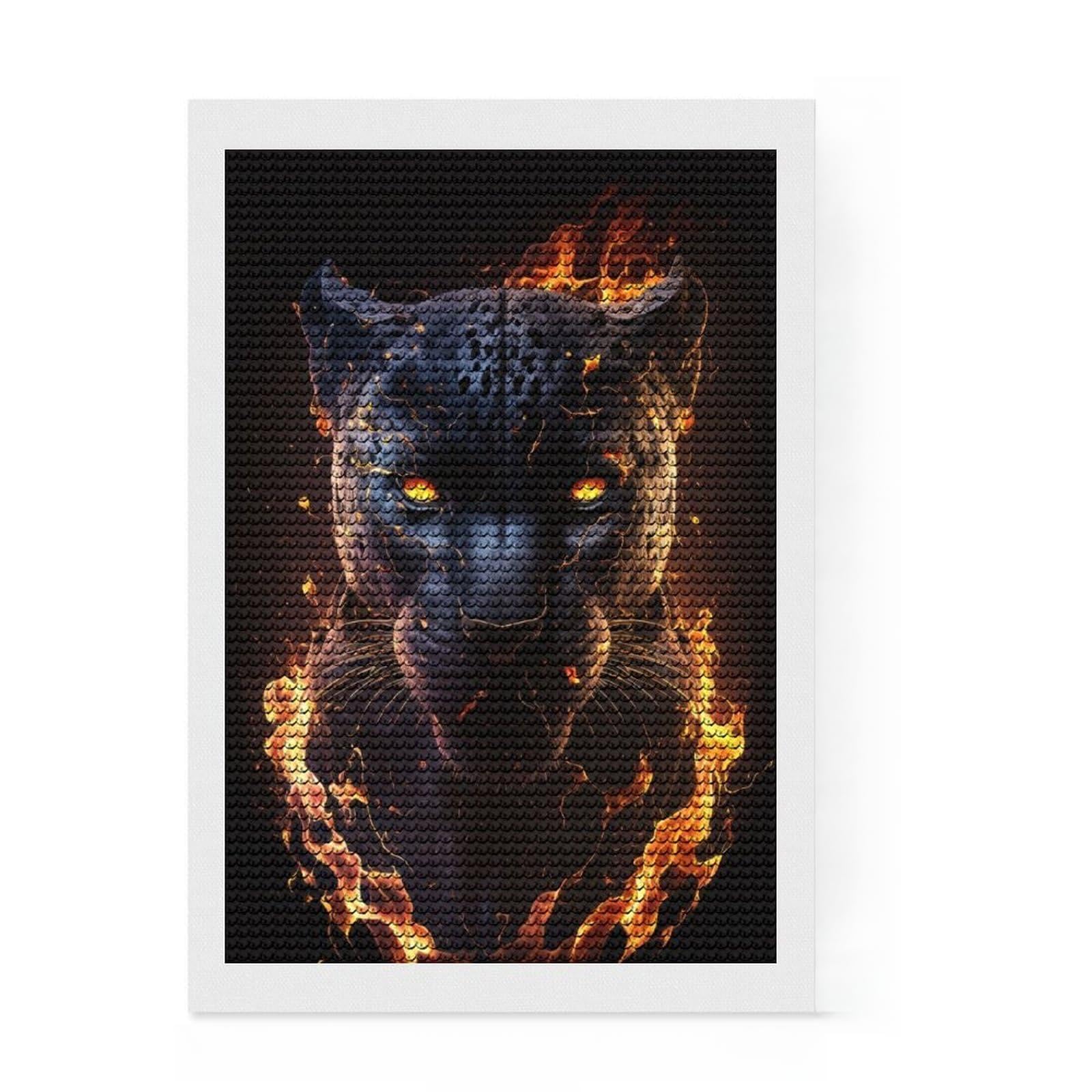 Junmoney Fiery Flames Black Panther Diamond Art Kit 8"x12", Office Decor, for Women, with Tool Kit, Gift Idea, Stress Relief Craft, Adhesive Canvas