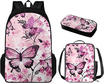 Pink Butterfly 3 Piece School Backpack Set with Lunch Box Pencil Case School Backpacks School Backpacks for Girls for Kindergarten Preschool Elementary School Students