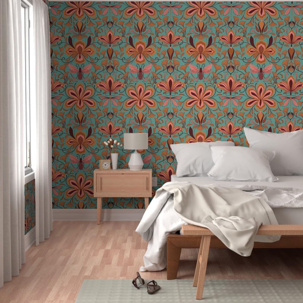 Removable Wallpaper 6ft x 2ft - Bees Dragonfly Floral Art Nouveau Dragonflies Flowers Birds Coral Aqua Bright Entomology Custom Pre-Pasted Wallpaper by Spoonflower