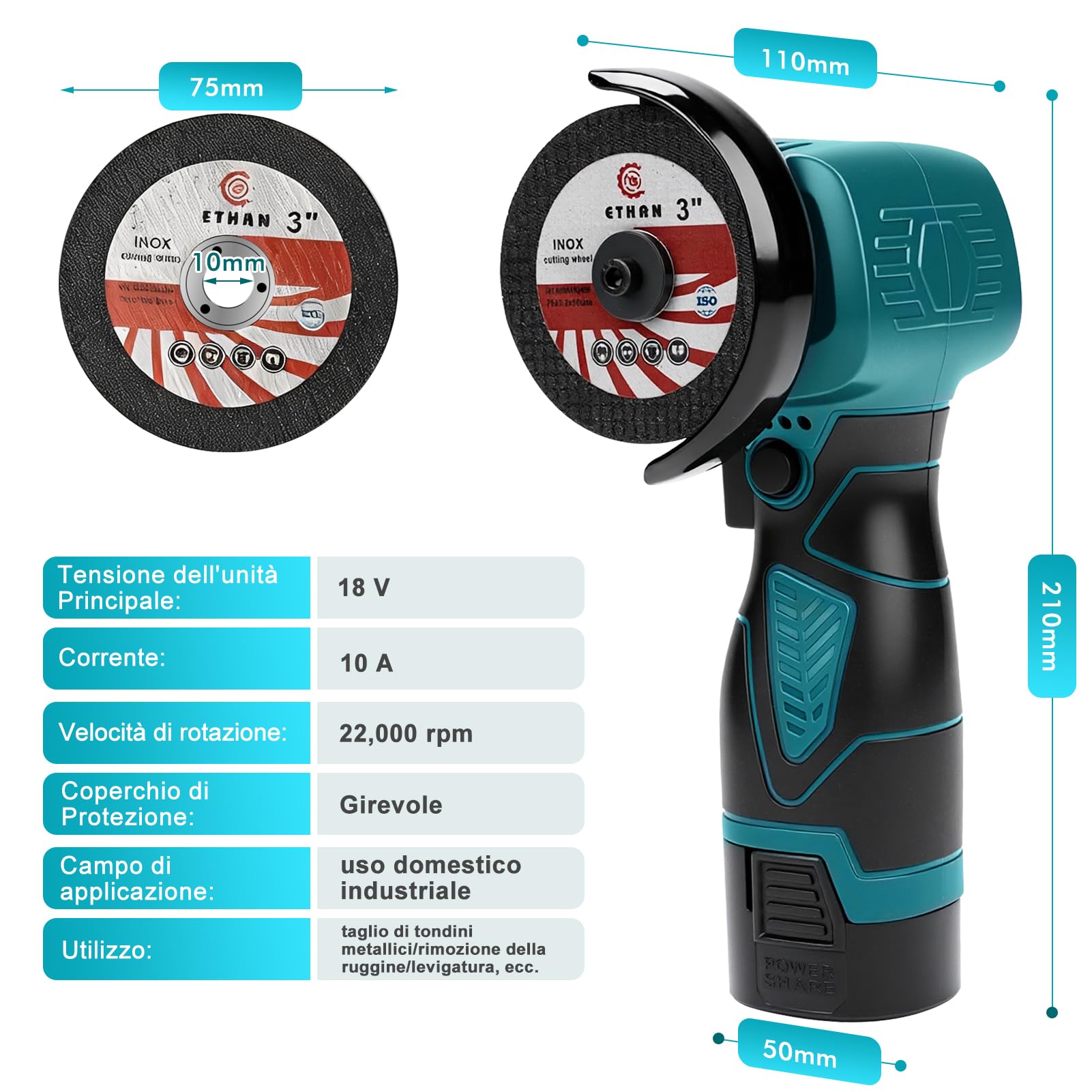 Mini smerigliatrice angolare a batteria, 16,8 V, 75 mm, 22000 giri/min, smerigliatrice angolare senza fili, set Miniflex Akkuflex con 2 batterie da 1300 mAh, per taglio, lucidatura