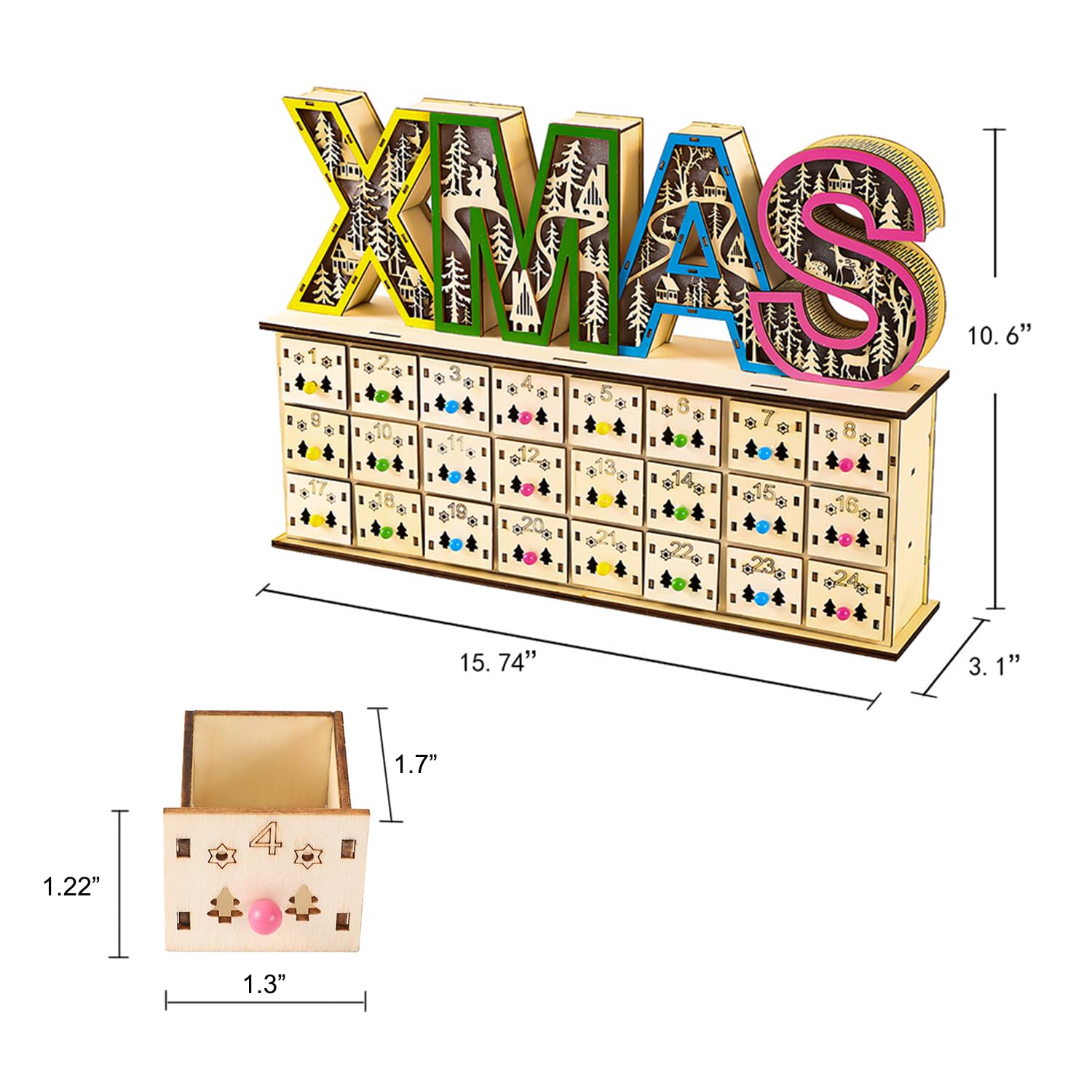 Leerer Adventskalender aus Holz mit Schubladen, 24 Tage Countdown bis Weihnachten, 39,9 x 26,9 x 7,9 cm