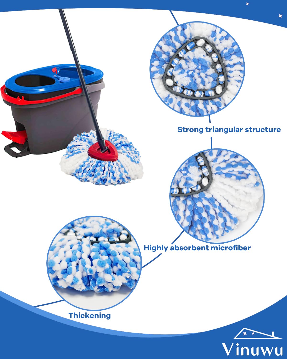 Vinuwu Lot de 5 têtes de balai de recharge compatible avec Vileda H2Pro Spin Mop en microfibre serpillière pour système RinseClean à 2 réservoirs, lavables et réutilisables