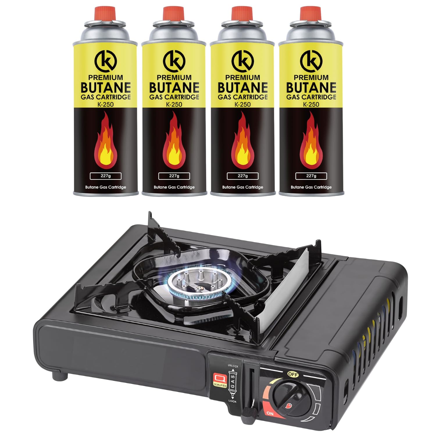 KROWN - Cocina Portatil de Gas Butano 227g, 4 Cartuchos K-250 de Gas Incluidos para Camping, Bombonas K-250