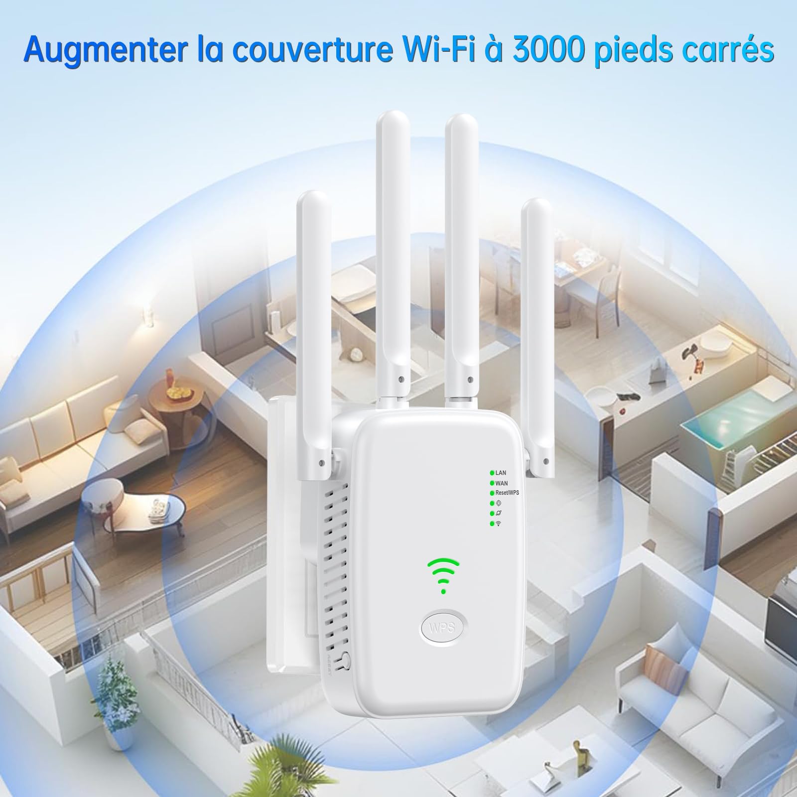 Répéteur WiFi Puissant 300Mbps,Amplificateur de Signal WiFi avec 4 Antennes, Mode AP/Repeater/Routeur,Port Ethernet,pour la Maison et Le Bureau, Installation Facile