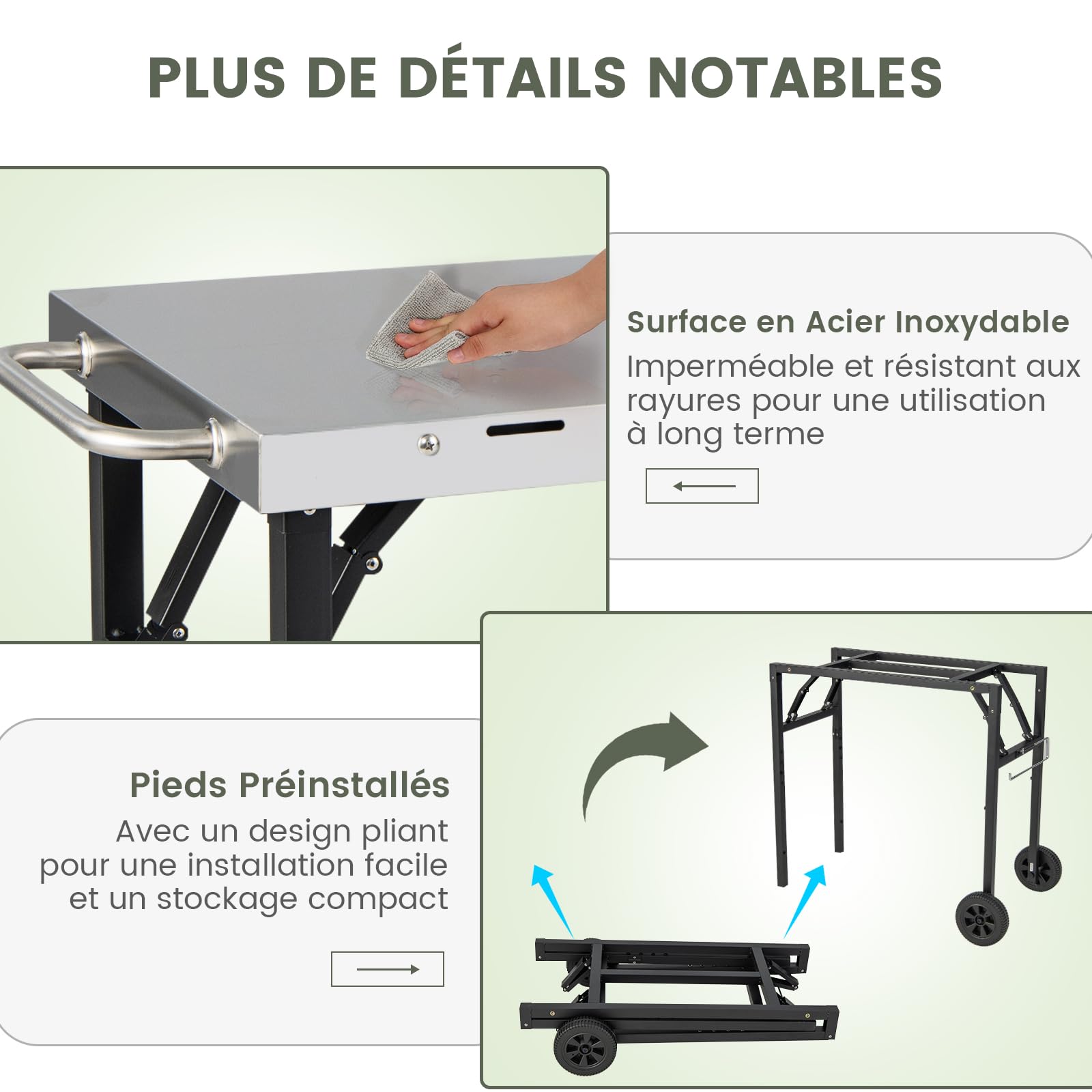 GYMAX Chariot Barbecue Pliable 3 Niveaux, Desserte Jardin Mobile avec 2 Roues, Robuste en 201 Acier Inoxydable, avec Tablette à Épices, Porte-Poubelle, Porte-Mouchoirs,106x52x84cm