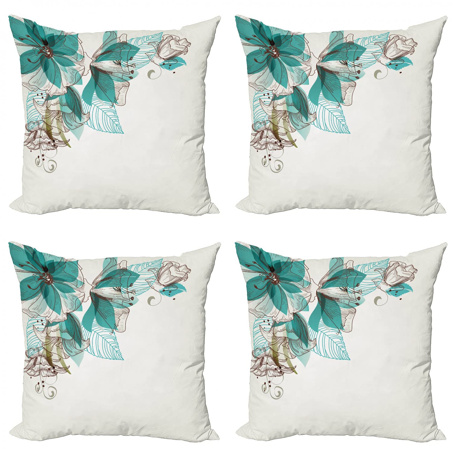 Ambesonne Turquoise Throw Pillow Cushion Case Pack of 4, Flowers Buds Leaf at The top Left Corner Season Celebrating Theme, Modern Accent Double-Sided Digital Printing, 16", Teal Brown