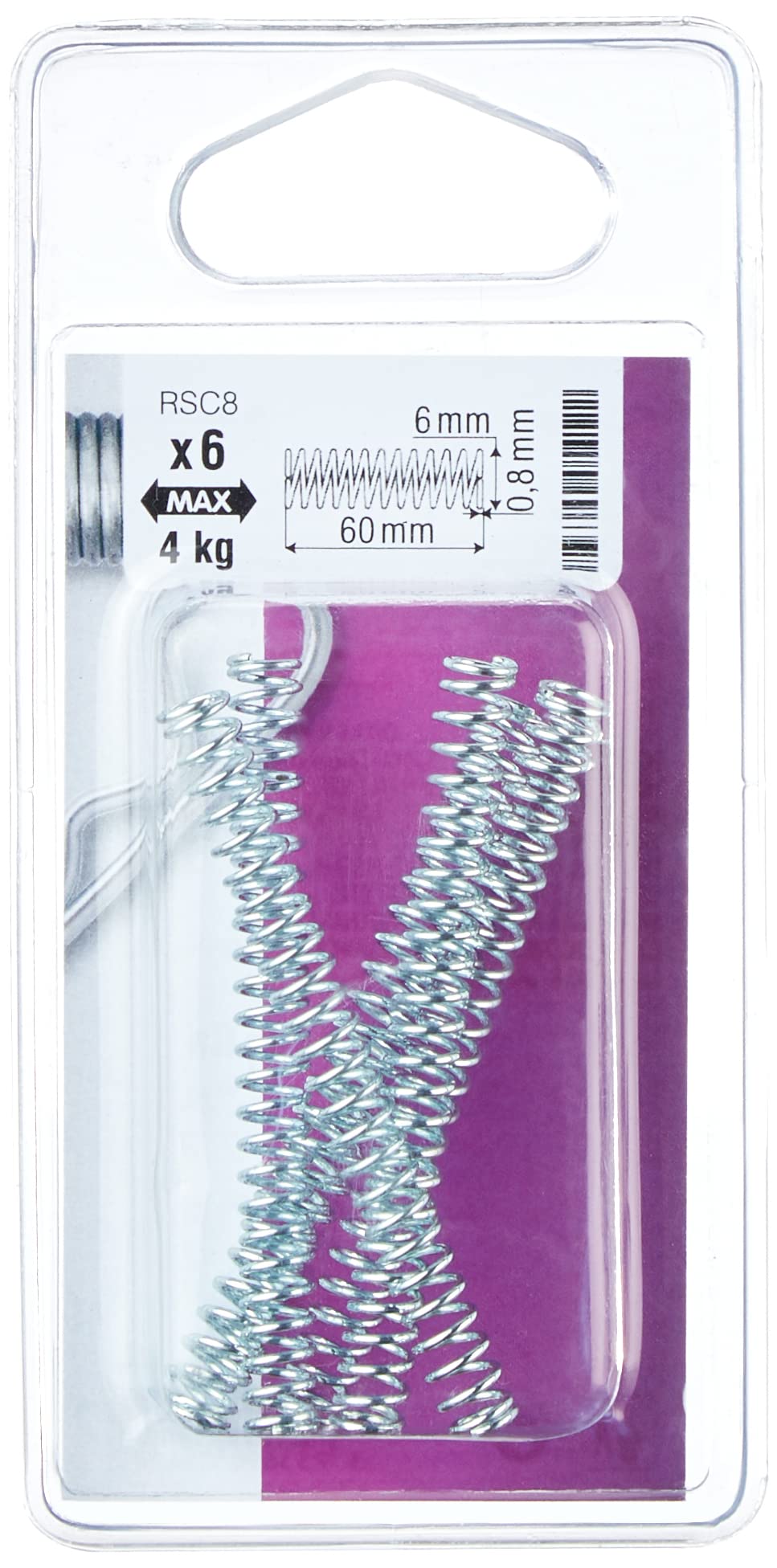 Chapuis RSC8 Set di 6 molle di compressione - Acciaio zincato - Carico di lavoro indicativo 4 kg - Diametro 6 mm - Lunghezza 60 mm, grigio, set di 6 pezzi, argento