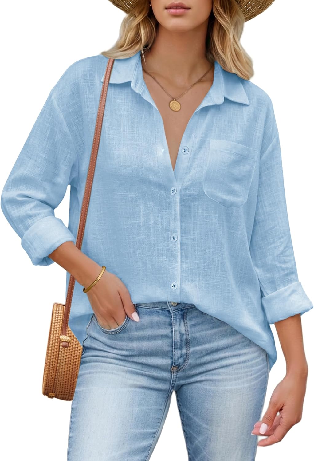 HOTOUCH Womens Button Down Shirts Linen Cotton Long Sleeve Blouses Casual Collared Loose Fit Gauze Tops with Pocket - Image 2