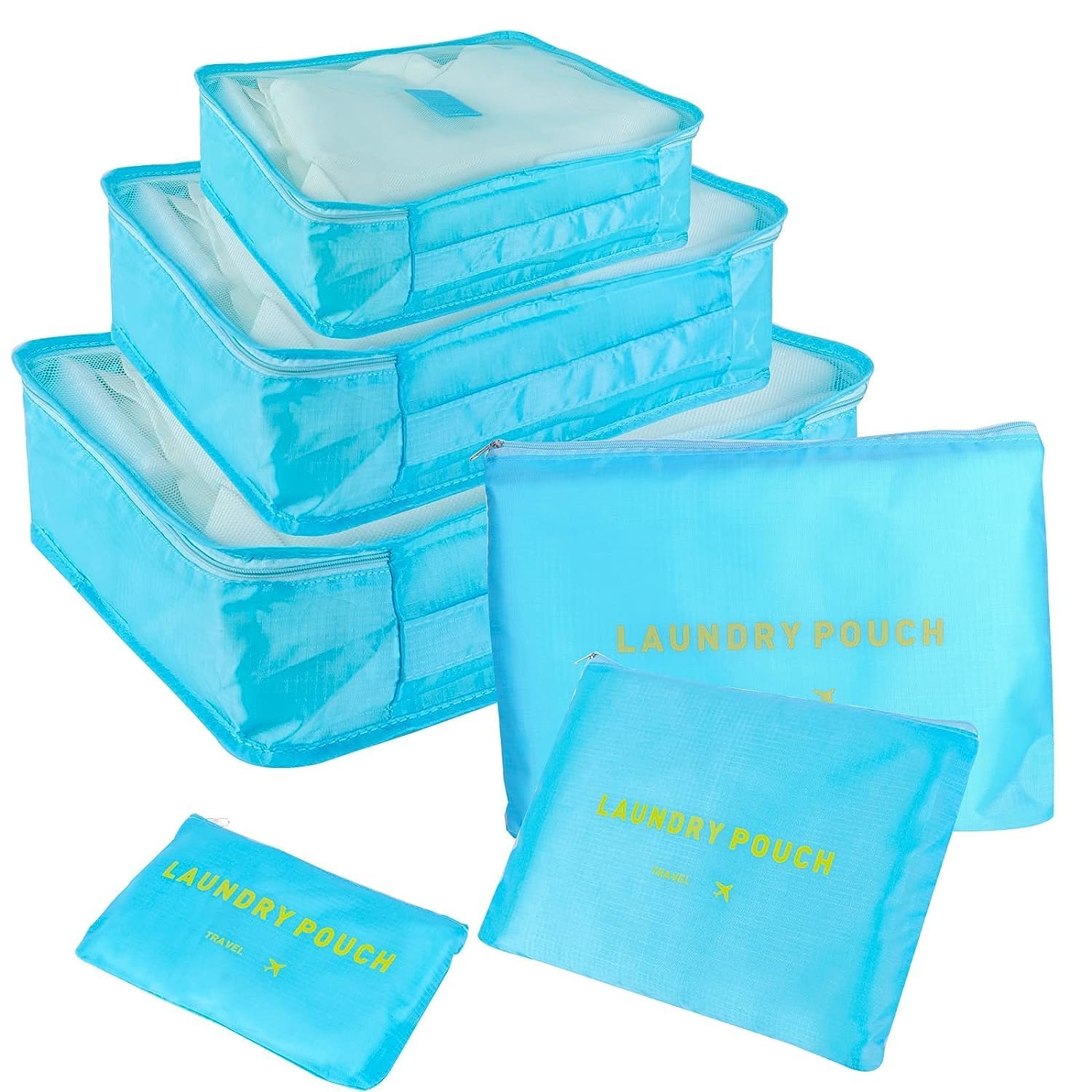 SKY-TOUCH Travel Packing Cubes,Traveling Accessories,Luggage Packing Organizers Set,Waterproof Laundry Bag,Storage Bag for Travel,Breathable Mesh,pack of 6 pieces,Light Blue