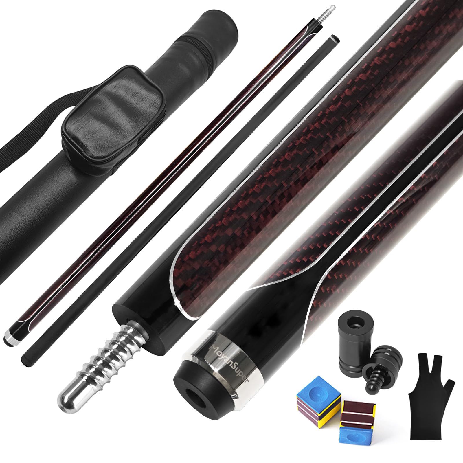 Carbon Fiber Pool Cue Stick Low Deflection Shaft Professional Billiard Cue Stick with Hard Case and Accessories,12.5mm Tip, 58",20OZ