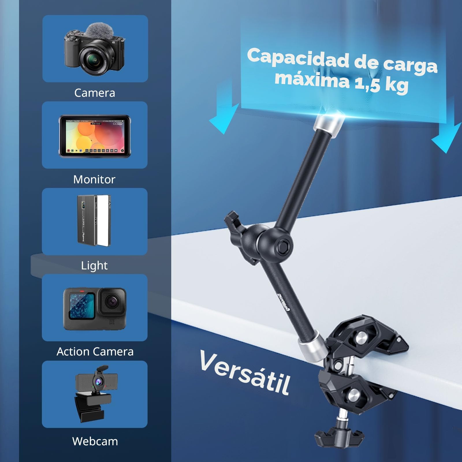 SMALLRIG Abrazadera de Brazo Mágico, Super Clamp con Magic Arm, con Tornillo de 1/4"-20 y Orificio de Rosca, para Cámara de Acción, Luz, Monitor, Cámara Web - 4454