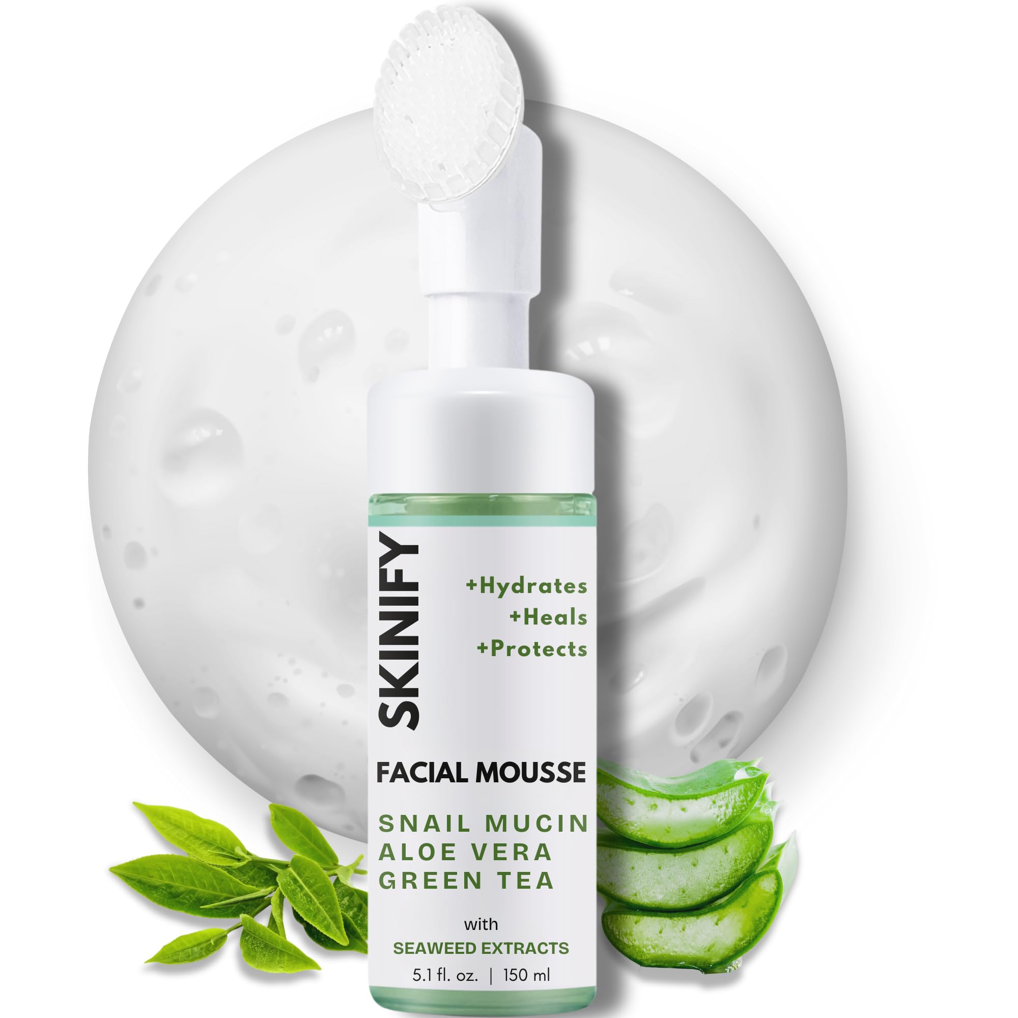 SKINIFY Glass-Skin Snail Mucin Facial Foam Cleanser w/Exfoliator – Ultra Hydration with Aloe Vera, Green Tea & Seaweed – All Skin Types Men & women –