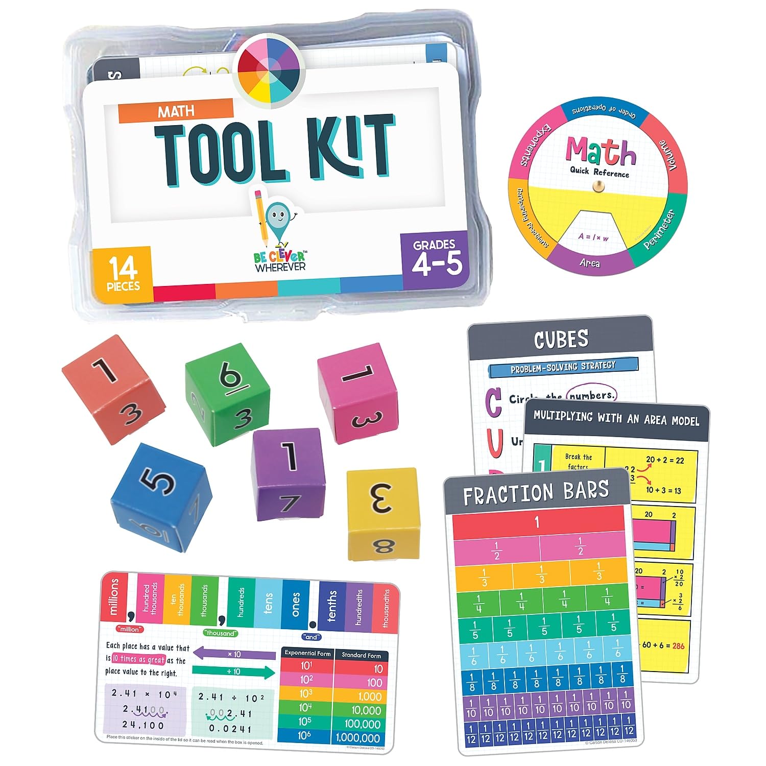 Carson Dellosa 30-Piece Be Clever Wherever Grades 4-5 Mathematics Tool Kit, Sticker Chart, Spin Wheel, Counting Cubes, and More Math Manipulatives Covering Multiplication and Fractions
