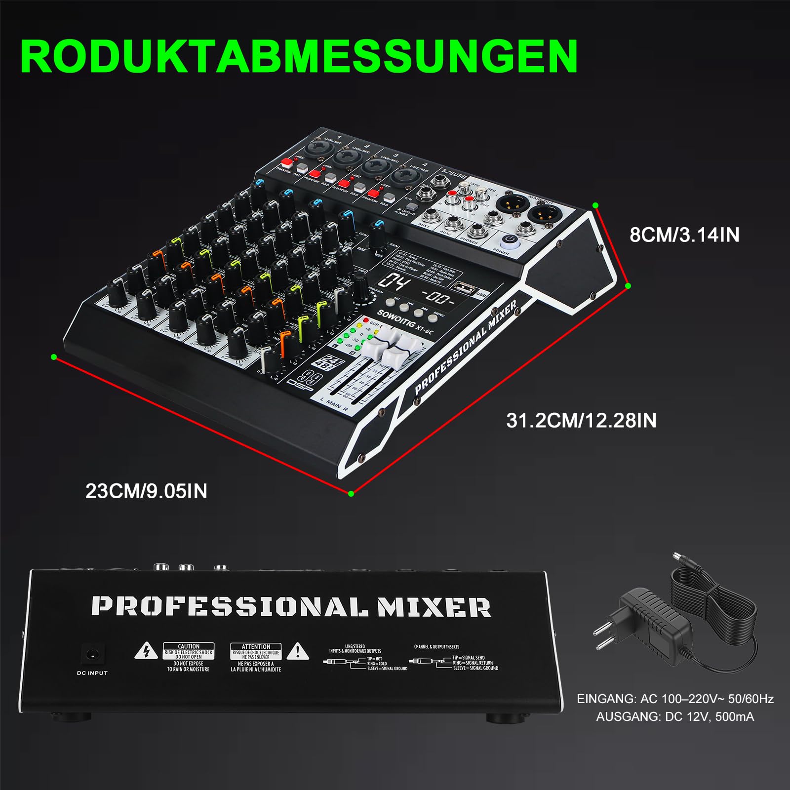 Mixer audio 6-canali professionale con console di mixaggio audio con effetti DSP 99, mixer DJ compatto con USB, Bluetooth, alimentazione phantom 48V e tasto PAD per registrazione, karaoke, PA