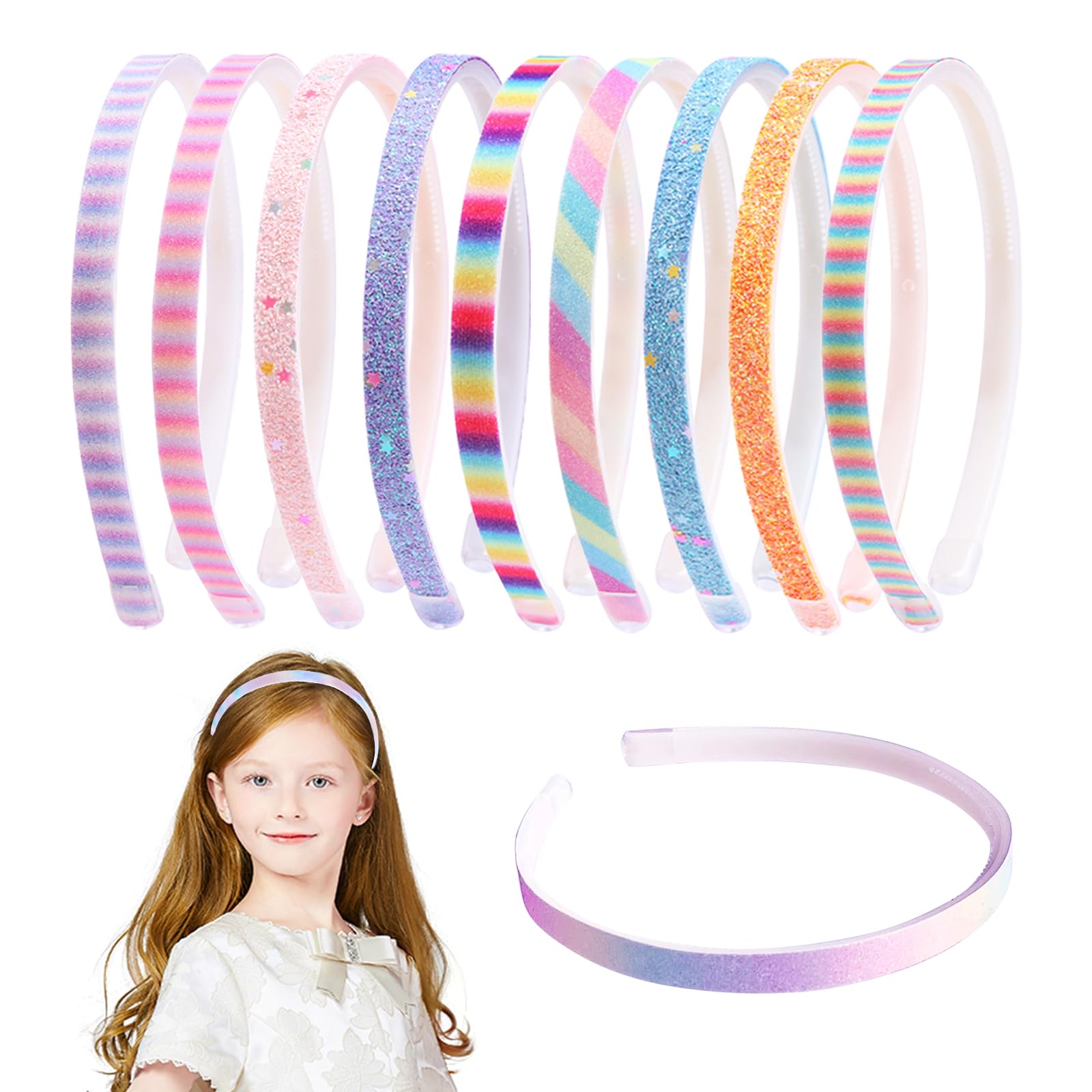 Altdeovk 10 Piezas Diademas Arcoíris con Purpurina Brillantes, Multicolor Diadema Niña Plástico con Antideslizante Dentada para Chicas Niña Mujer Niño