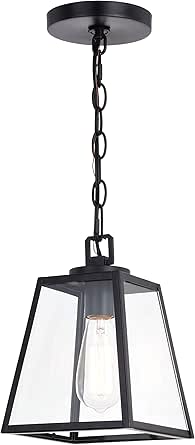 VAXCEL Grant 7-in Black Indoor Outdoor Farmhouse Mini Pendant Lantern, 1-Light Hanging Ceiling Light with Clear Glass Panels