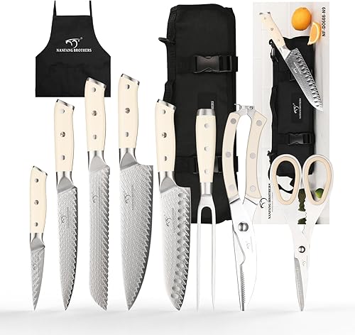 NANFANG BROTHERS Juego de cuchillos de chef con bolsa, 9 cuchillos de chef de acero de damasco con bolsa de almacenamiento portátil de rollo de
