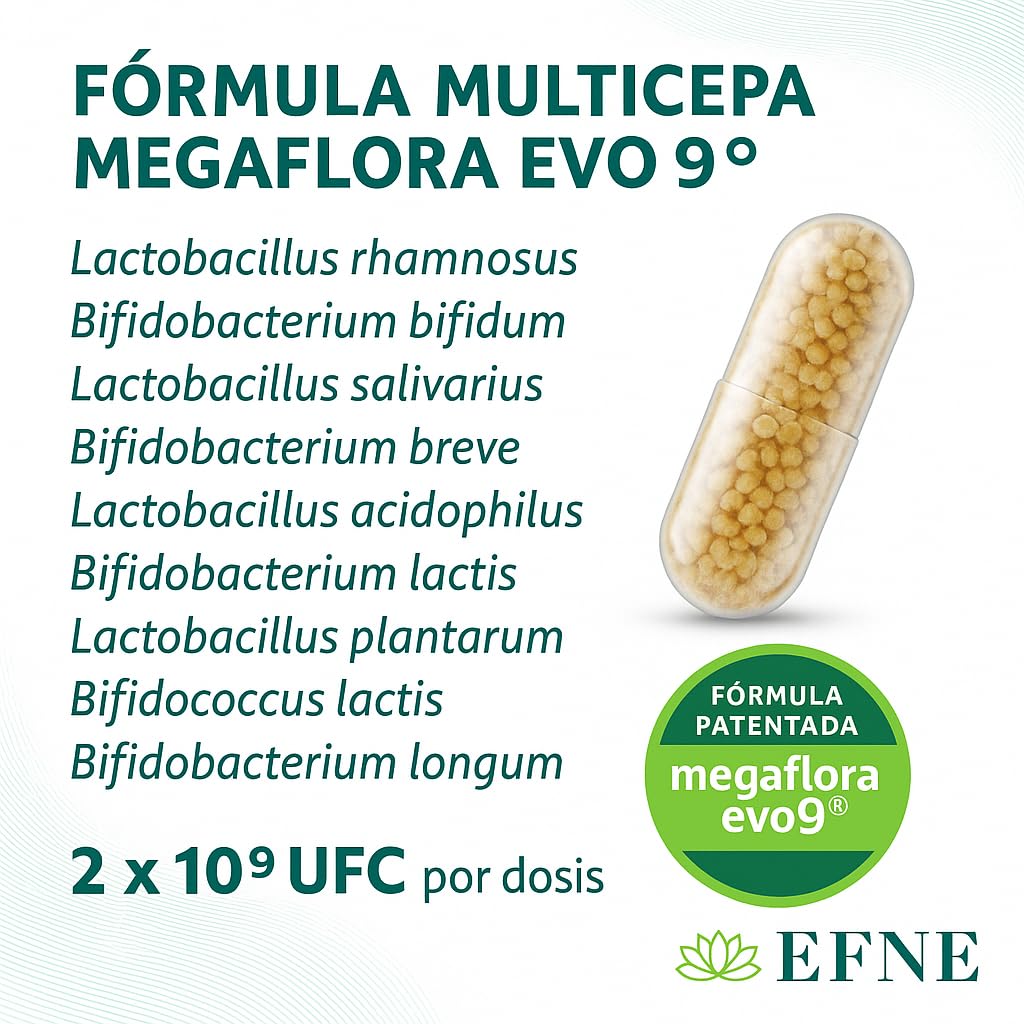 EFNE Probiotico Megaflora – 60 capsulas – Fórmula avanzada Megaflora Evo 9 (multi‑cepa, 9 cepas) – 100 % vegano – Apoyo digestión, microbiota equilibrada e inmunidad, formula avanzada