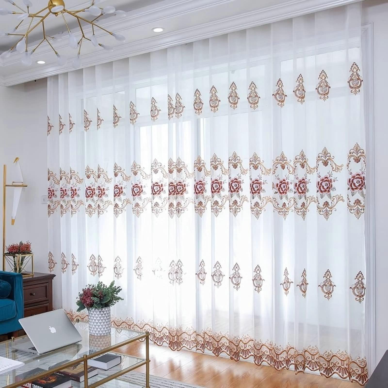 Curtains Transparent, Rideau Exterieur Voilage Blanc Brun Pivoine Brodée Polyester 2 Panneaux 107W x 229L cm