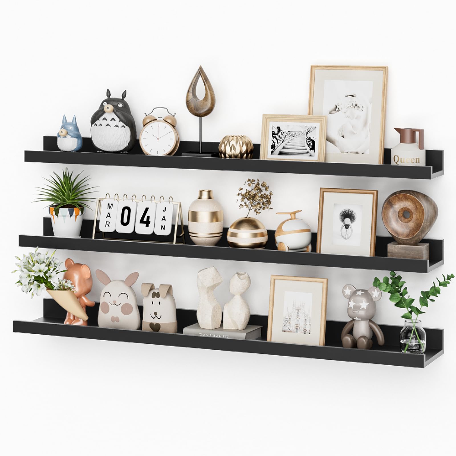Floating Shelves Set of 3, 90 cm Black Floating Shelves Wood Wall Mounted Shelf Picture Ledge Shelf Kids Bookshelf for Living Room Kitchen Bedroom Bathroom Photo Display Home Organization & Wall Decor