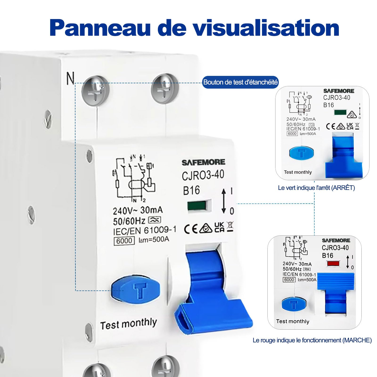 Disjoncteur Différentiel RCBO 16A 1P+N - Type A 30mA Courbe B - Protection 6kA - Interrupteur FI Électromagnétique - Interrupteur Différentiel Haute Sensibilité B16- Pour Circuit