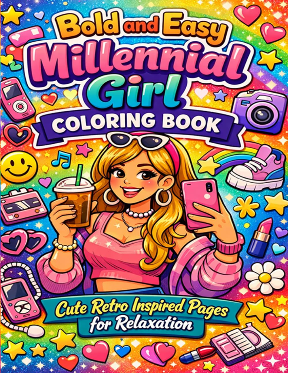 Bold and Easy Millennial Girl Coloring Book: Cute Retro Inspired Pages for Relaxation: Fun and Simple Retro Aesthetic Coloring Pages for Stress Relief Creativity and Cozy Self Care Moments