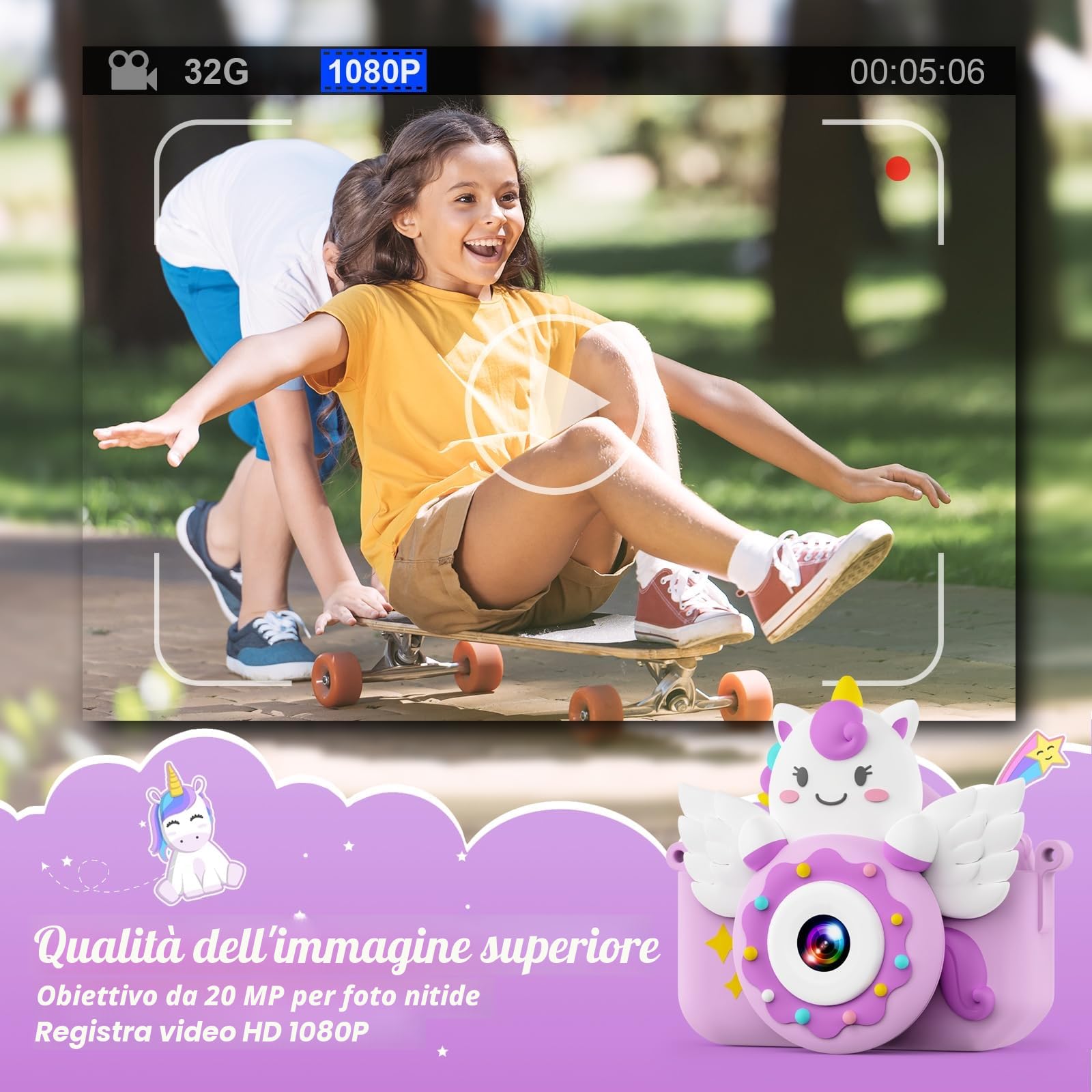 TIATUA Macchina Fotografica Bambini con 2.0 Pollici Schermo & 32G Card, Fotografica Bambini Video Camera,Fun Accessories Included,Gift for Girls Boy Age 3+