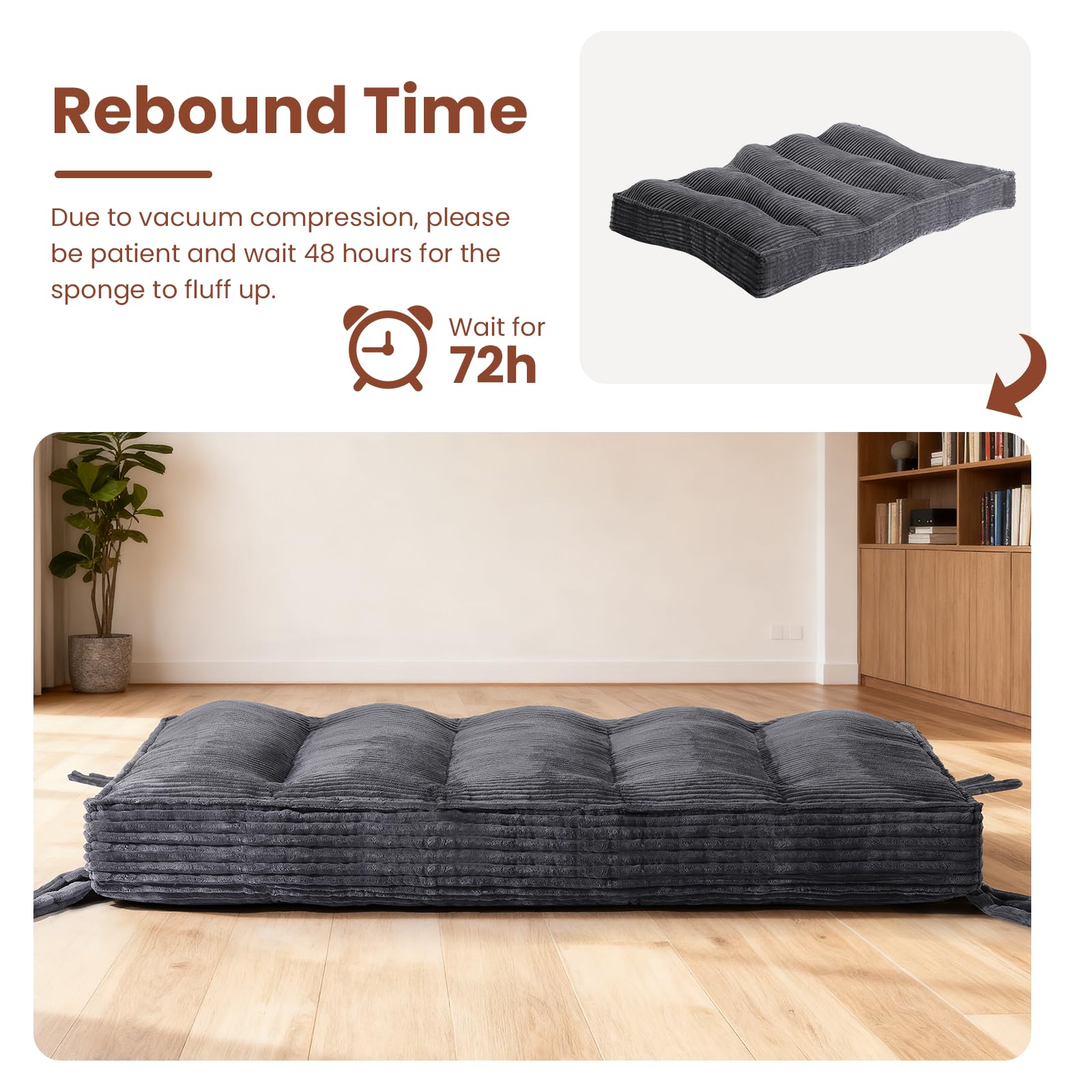 10" Futon Mattress Queen Size,Futons Sofa Couch Bed with Straps, Thick Corduroy Floor Mattress for Adults, Roll Up Folding Mattress Shredded Foam Filling, Medium Firm (Gray, Full)