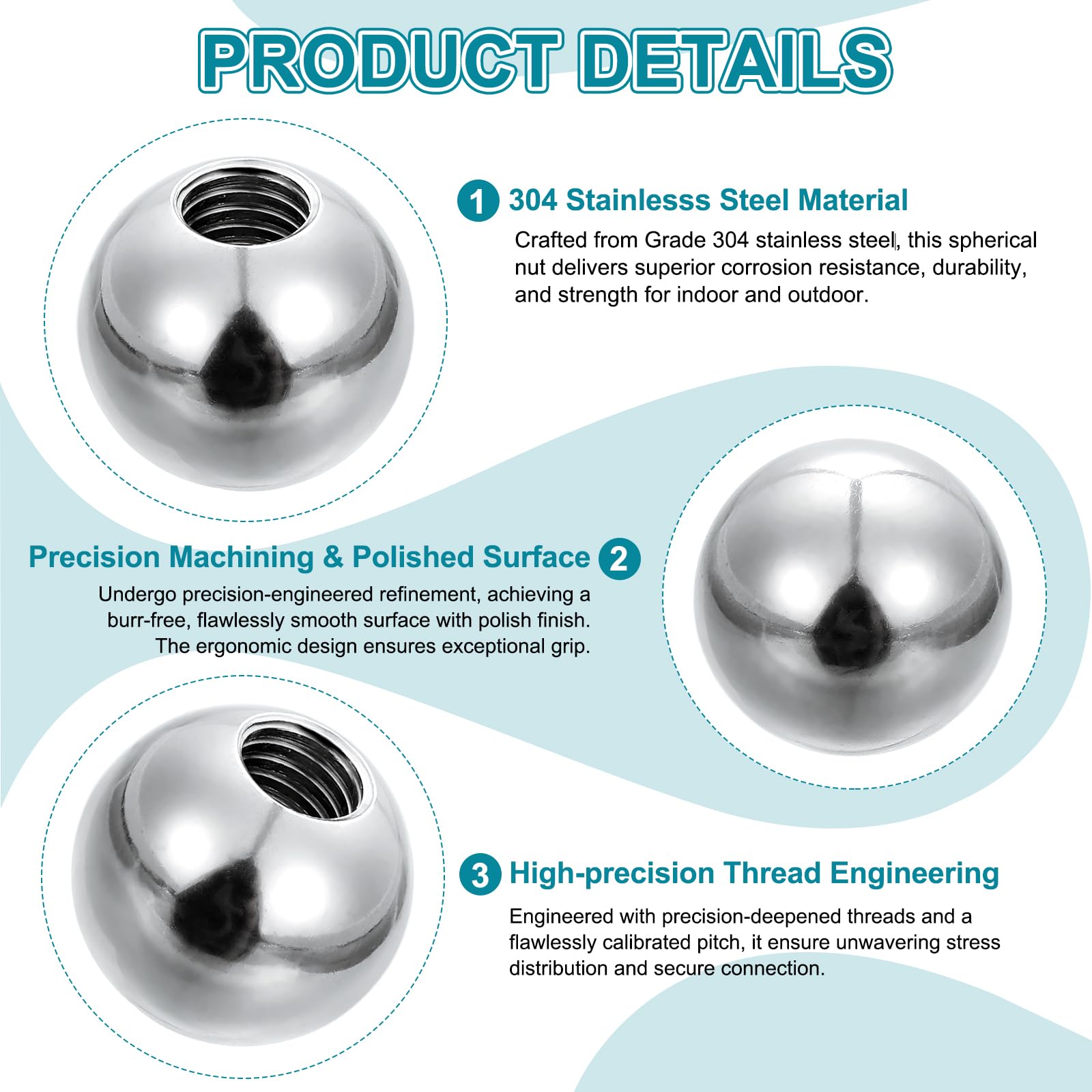 PATIKIL M6x40mm Ball Nuts Knob, 2pcs 304 Stainless Steel Round Solid Blind Hole Decorative Screw Cap Cover Machinery Handle Hardware - Image 3