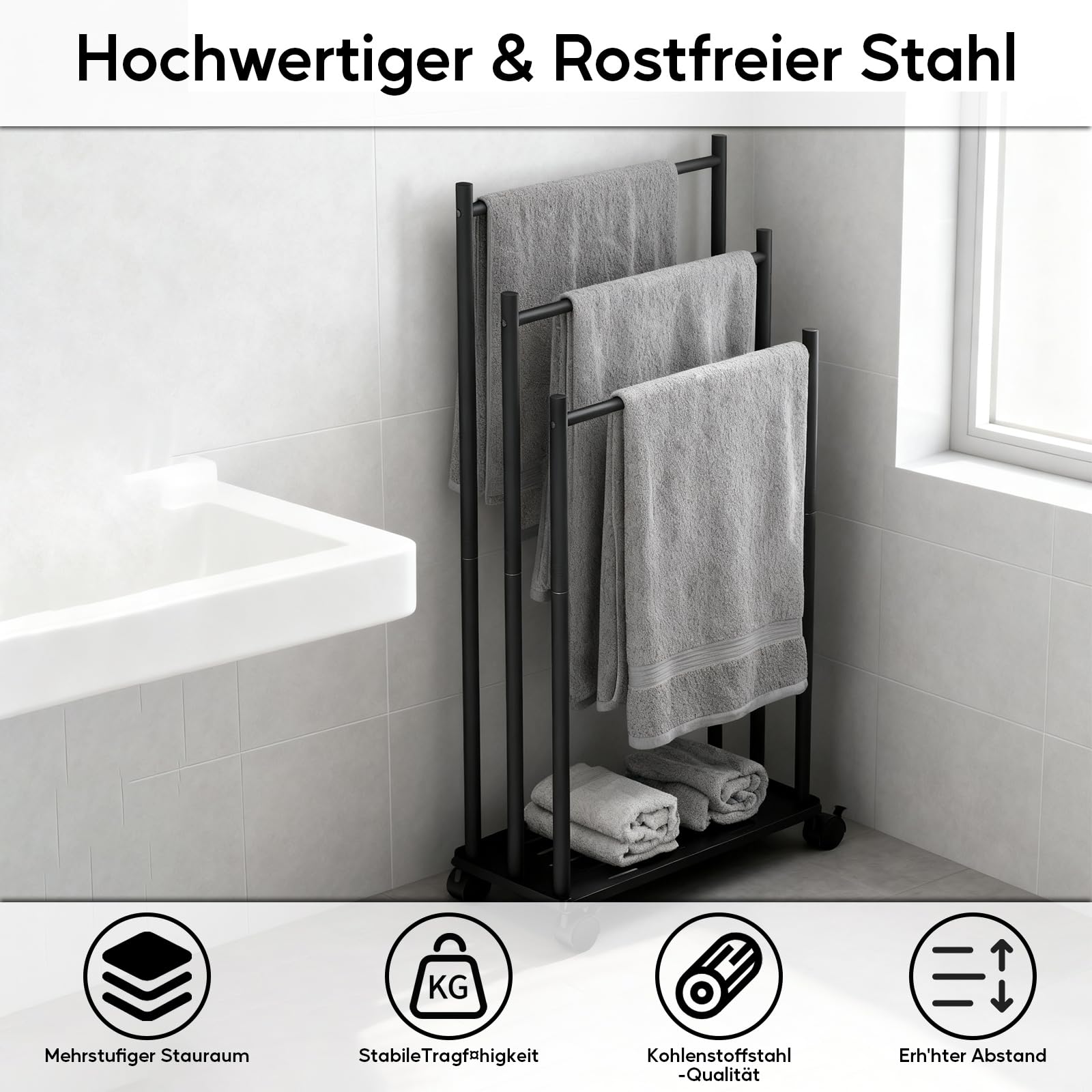 Handtuchhalter Stehend mit Rollen, Metall Handtuchständer mit 3 Stangen, Freistehend Badetuchhalter für Badezimmer Ohne Bohren mit Regalen, Platzsparender Handtuchstange für Badezimmer, Wohnzimmer