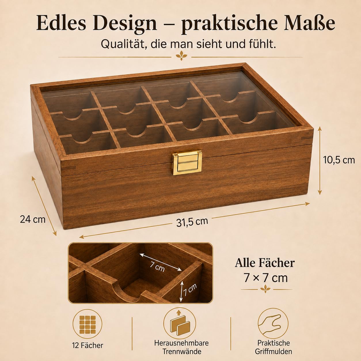 ALVERO Teebox aus Holz mit Glasdeckel, 12 Fächer, Goldener Verschluss, Elegante Holzoptik, Ideal für Küche, Büro und Teestation