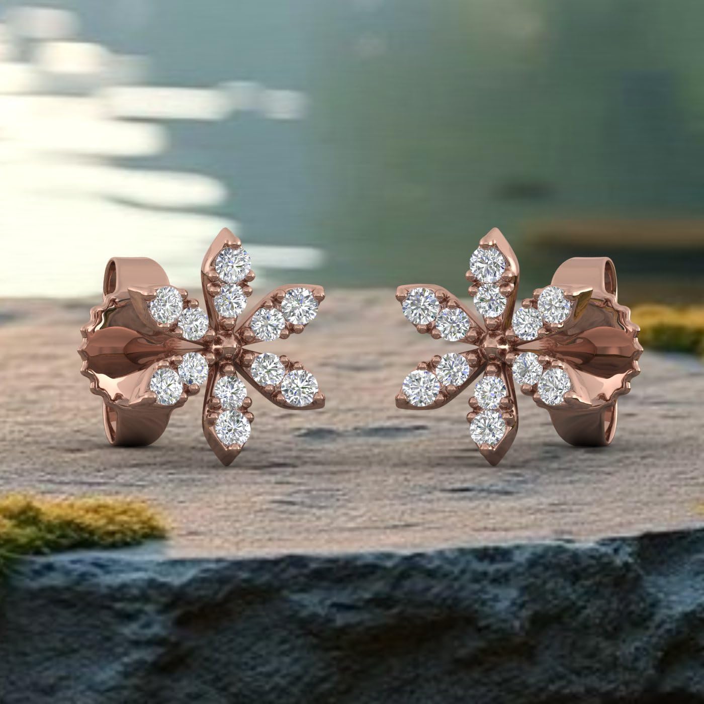 0.07 Carat Natural Diamond Floral Stud Earrings for Women in 10K Gold (I1-I2 Clarity)