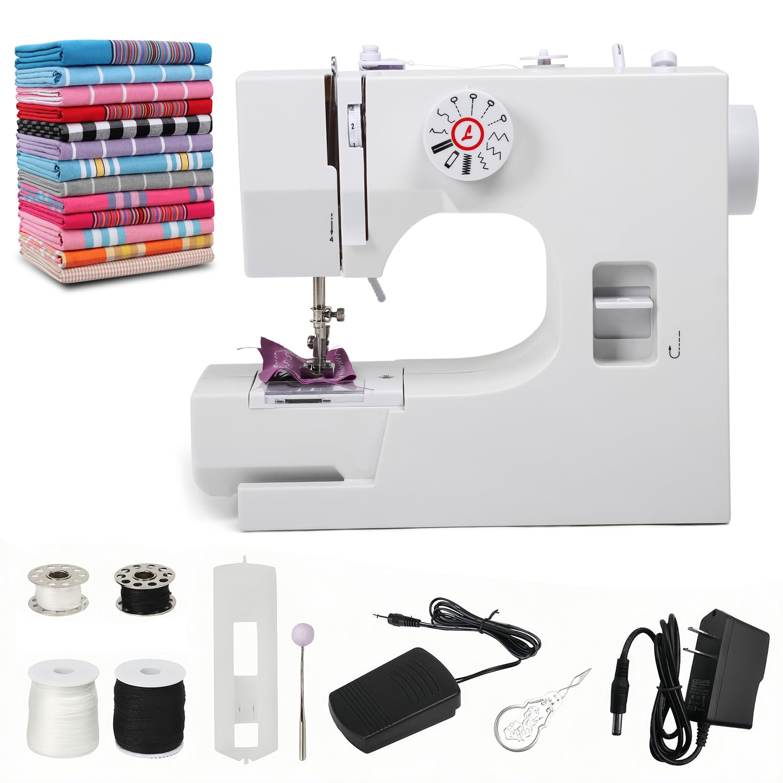Sewing Machine for Beginners, Portable Mini Sewing Machine, 12 Built-In Stitches and Adjustable Speed with Replaceable Presser Feet and Two Power Supply Methods (110V)