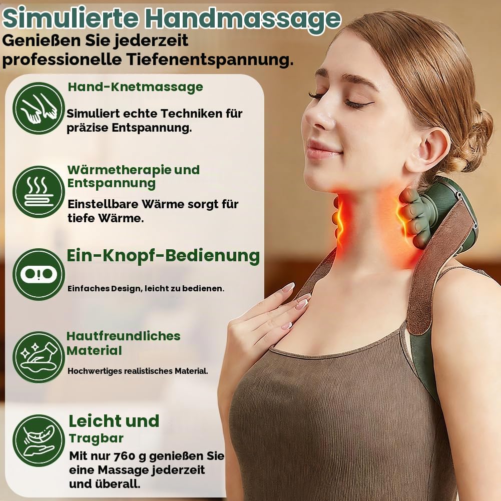 4D Bionische Hand Nackenmassagegerät, Massagegerät Nacken mit 3 Stufen und 2 Temperaturstufen Wärme für Rücken und Nacken, Tragbares Nacke-n und Schulter Shiatsu Massagegerät für Zuhause, Büro & Reise