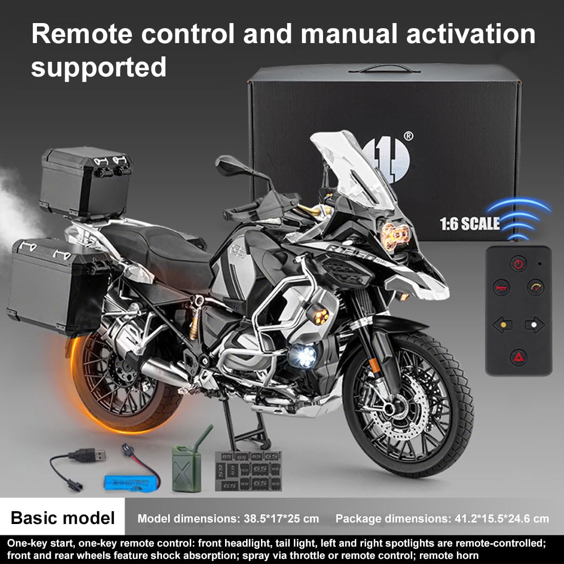 Moto RC in lega 1/6, modello di moto con telecomando a funzione completa con luci, suono, spray di scarico, trazione posteriore, motocicletta in scala realistica RTR(R1250GS nero)