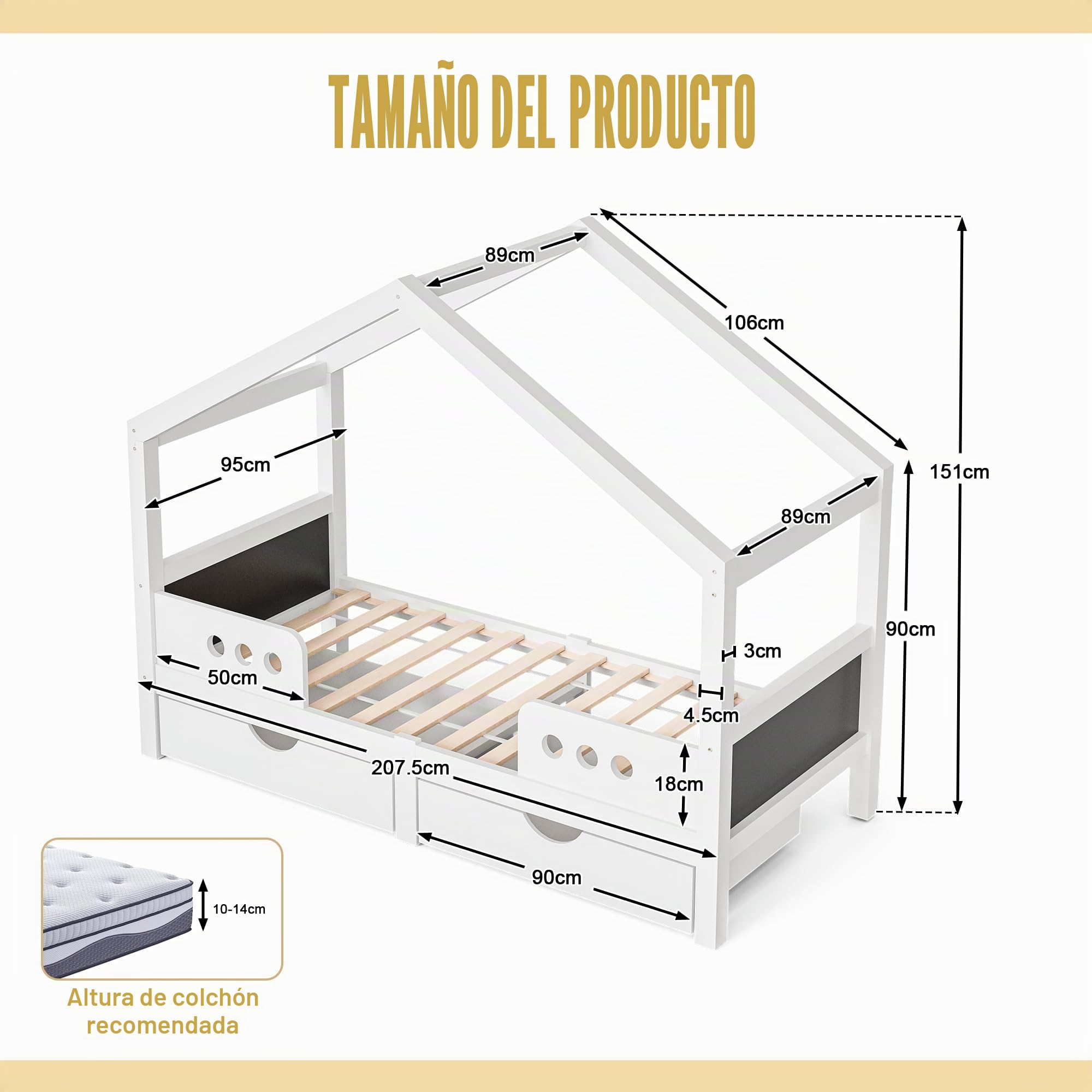 Cama infantil con techo 90 x 200 cm, color blanco, cama con 2 cajones grandes, pizarra en el cabecero, estructura de madera estable+tablero de fibra de densidad media, soporta hasta 120 kg