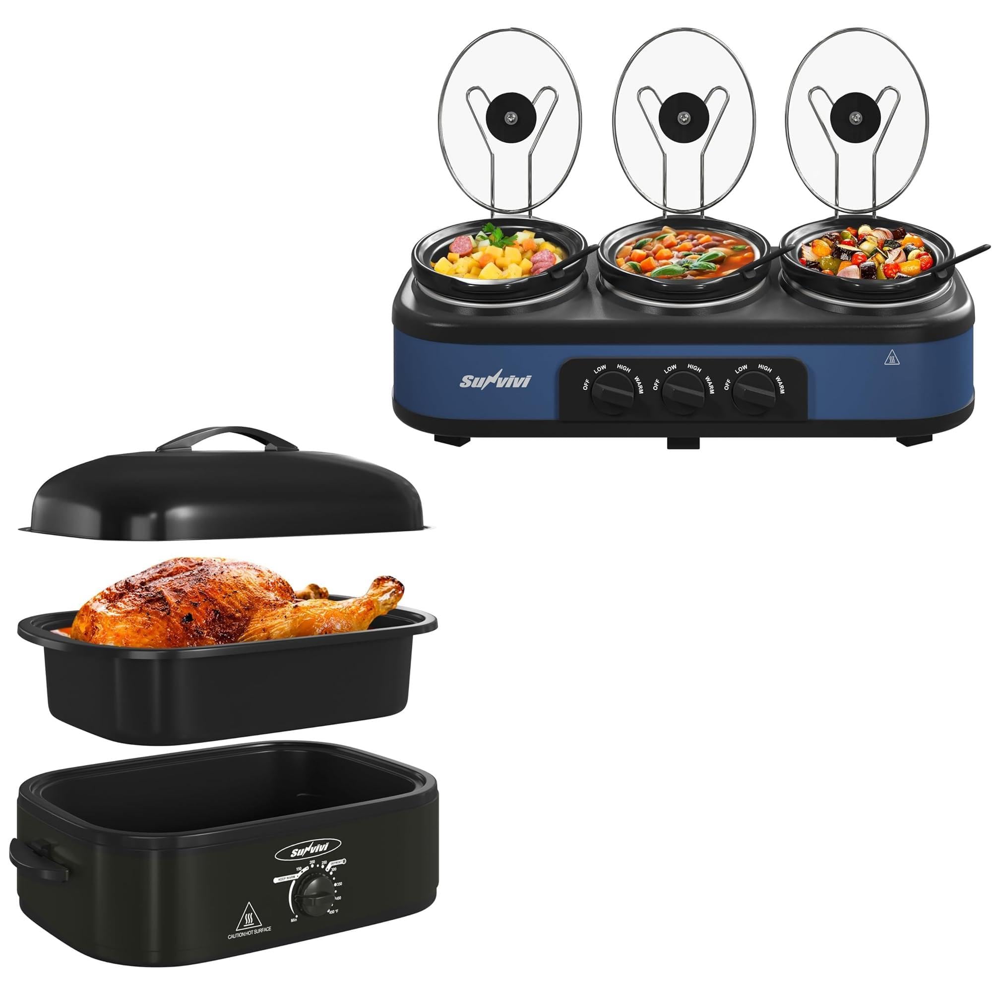 Sunvivi 14 Quart Roaster Oven Triple Blue Slow Cooker Bundle Electric Roaster Oven with SeIf-Basting Lid Slow Cooker