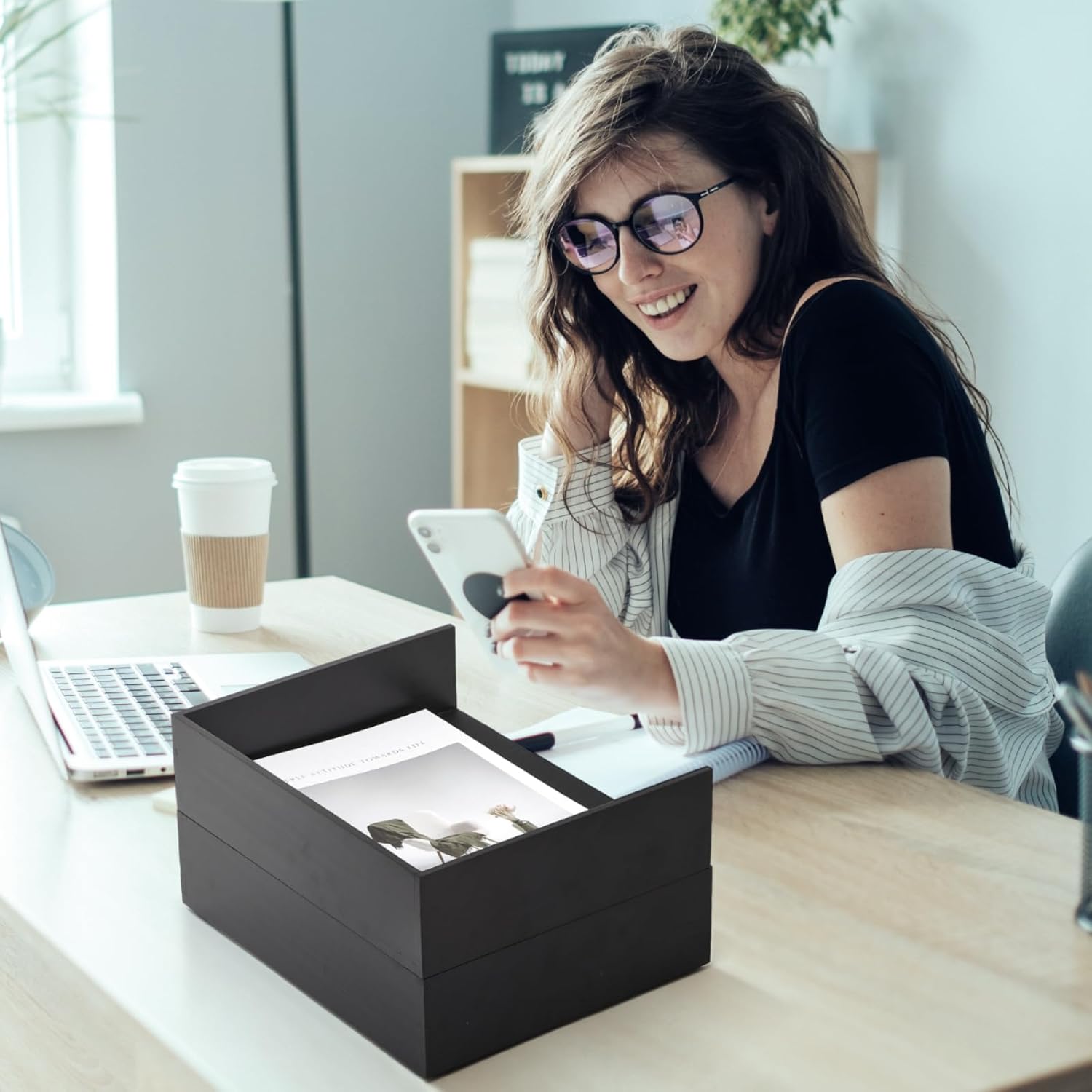 Yeaqee 2 Pcs Wooden Leather Stackable Letter Trays 13 x 10.6inch Luxurious Surface Desk Letter Tray Heavy Paper Inbox Mail Organizer for Office Document Magazine Folder Desktop Accessories(Black)