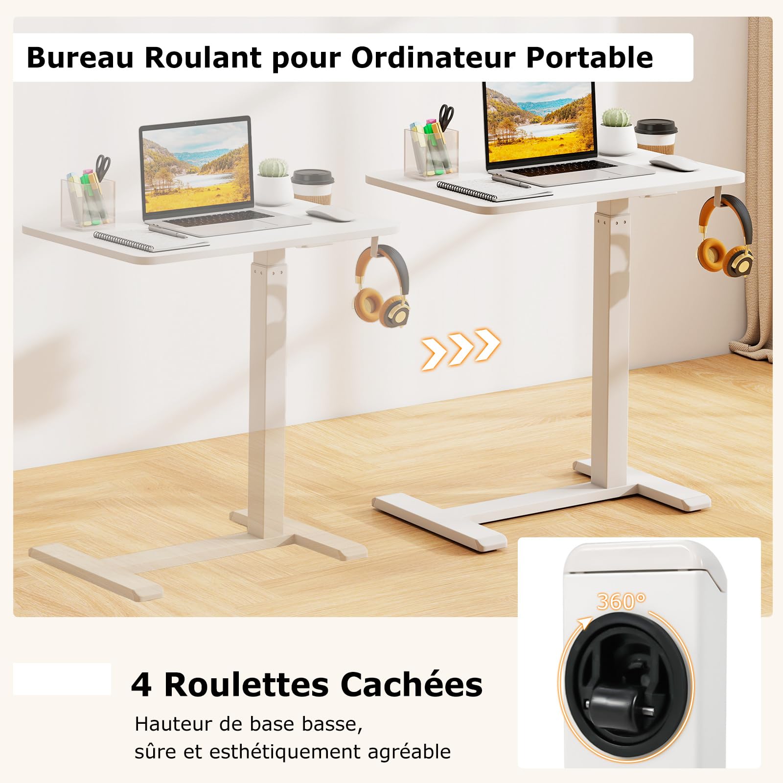 COSTWAY Table de Lit pour Ordinateur Portable, Table Roulante pour Lit, Bureau Pneumatique Réglable en Continu 65,5-100 CM, Porte-Gobelet, Crochet pour Écouteurs, pour Soin, Chambre, Bureau (Blanc)